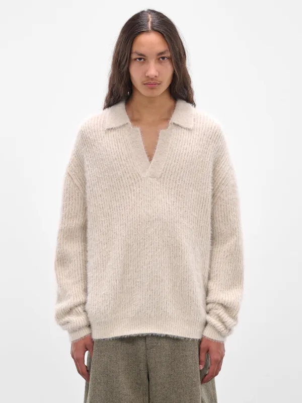 Beige Rib-Knit Polo Sweater (UK7584-UW101-OFFWHITE) sold by lorenzo