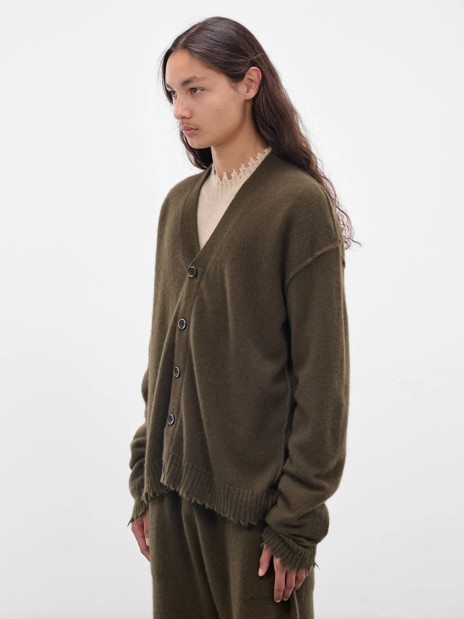 Green Cashmere Distressed Knit Cardigan (UK7557-UW480-ARMY-GREEN) sold by lorenzo product image thumbnail 2