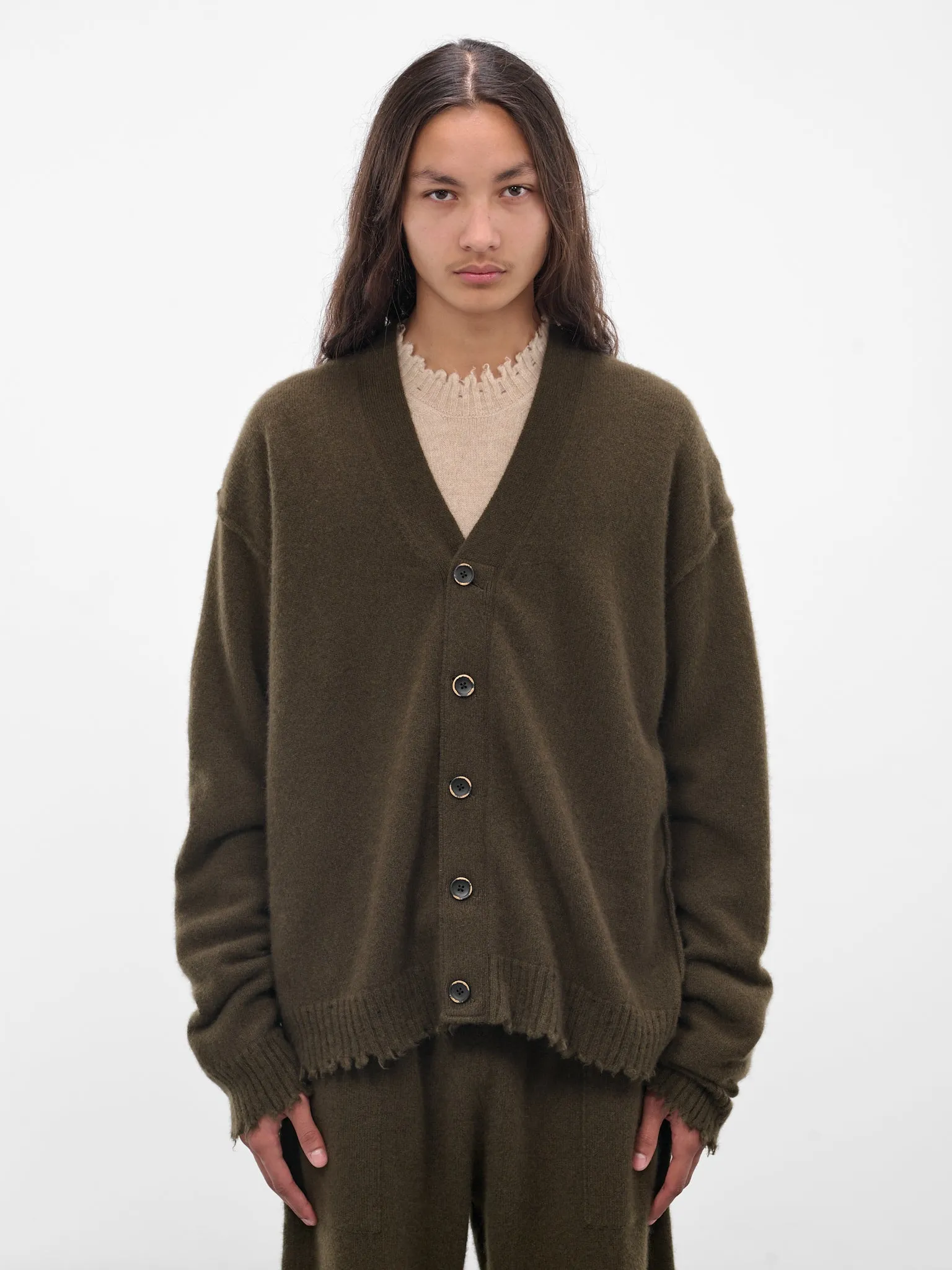 Green Cashmere Distressed Knit Cardigan (UK7557-UW480-ARMY-GREEN) sold by lorenzo