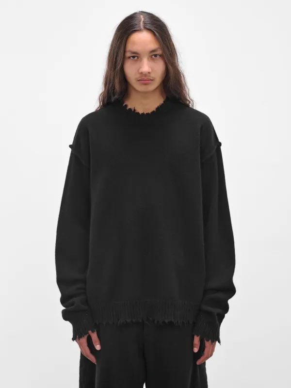 Black Cashmere Distressed Crewneck Sweater (UK7555-UW900-BLACK) sold by lorenzo