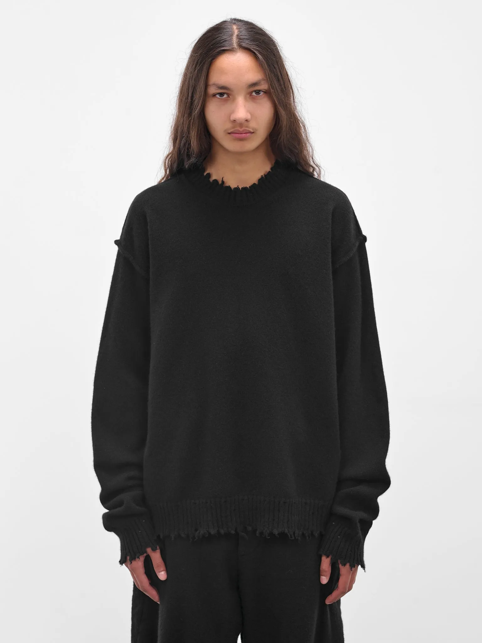 Black Cashmere Distressed Crewneck Sweater (UK7555-UW900-BLACK) sold by lorenzo