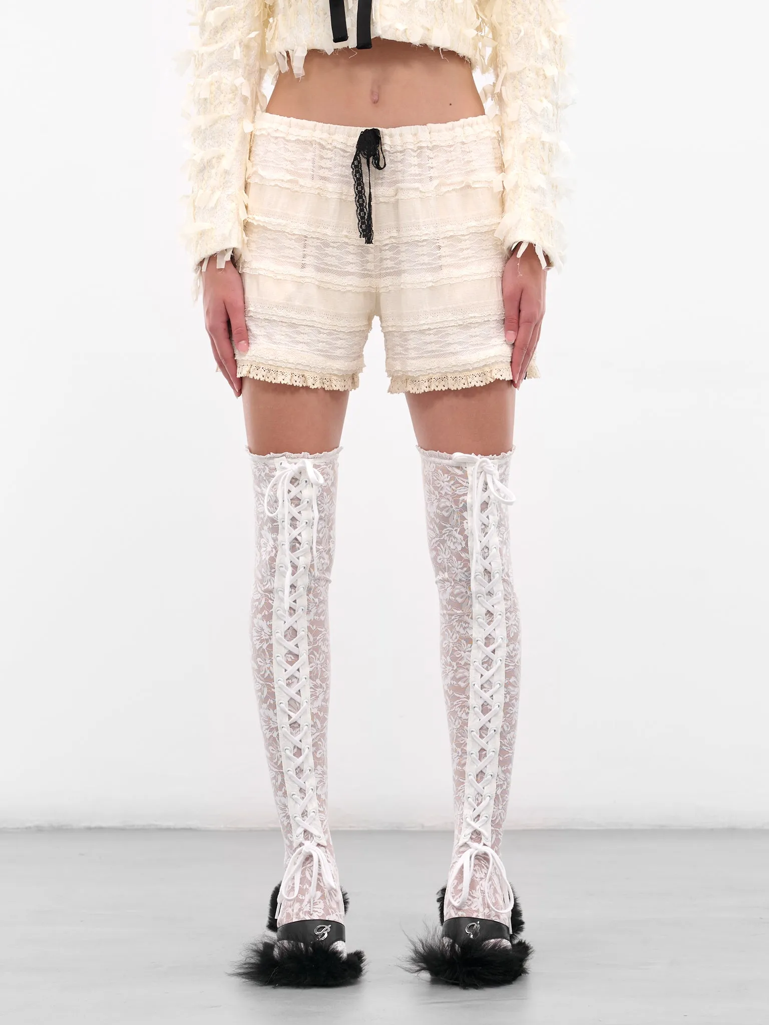 White Layered Lace Mini Shorts (00TR07-IVORY) sold by lorenzo