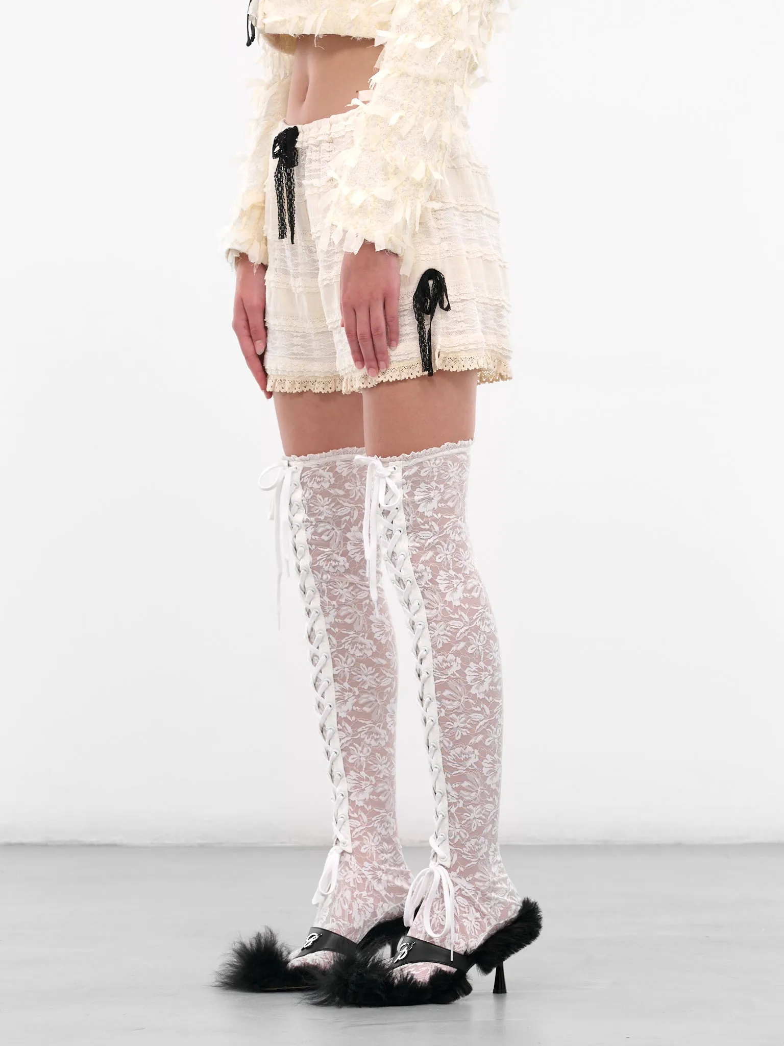 White Layered Lace Mini Shorts (00TR07-IVORY) sold by lorenzo product image thumbnail 2