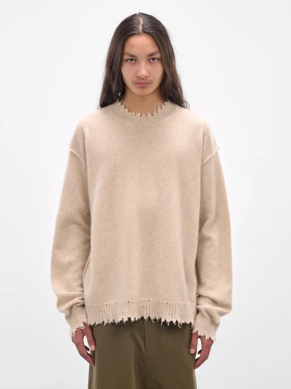 Beige Cashmere Distressed Crewneck Sweater (UK7555-UW200-TAN) sold by lorenzo