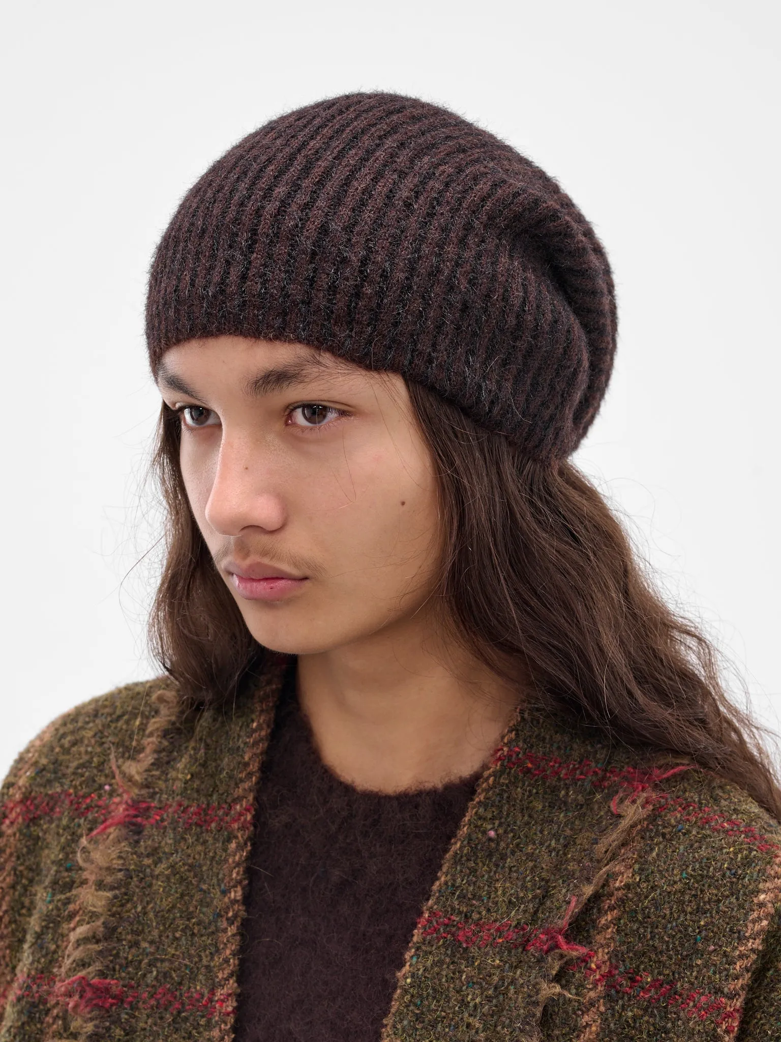 Brown Rib-Knit Alpaca Soft Beanie (UK0081-UW069-BROWN-BLACK) sold by lorenzo product image thumbnail 3