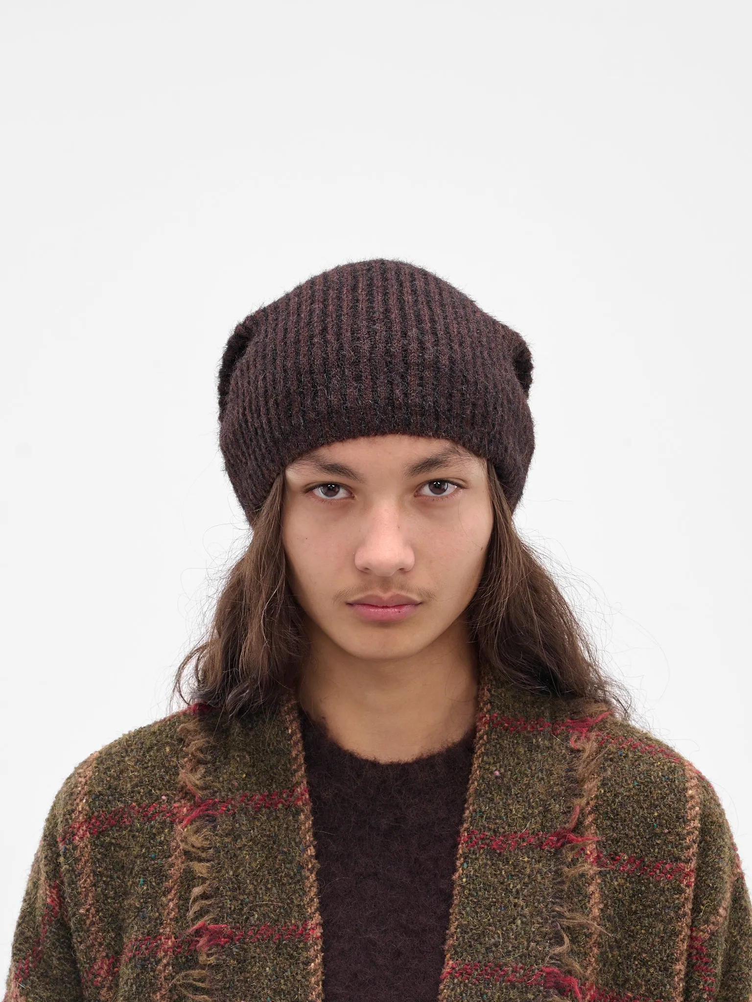 Brown Rib-Knit Alpaca Soft Beanie (UK0081-UW069-BROWN-BLACK) sold by lorenzo