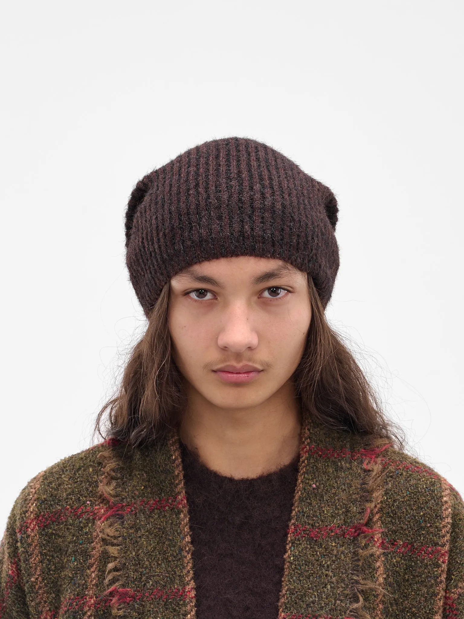 Brown Rib-Knit Alpaca Soft Beanie (UK0081-UW069-BROWN-BLACK) sold by lorenzo product image thumbnail 2
