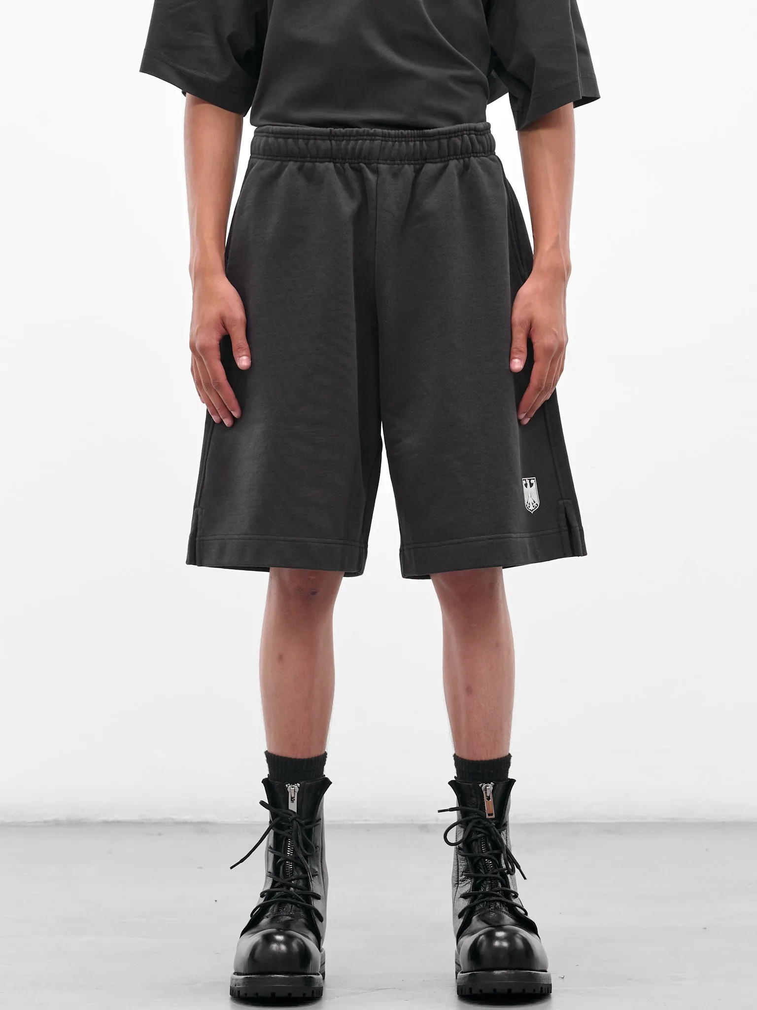 Black 'Polizei' Molton Shorts (UH76SS300B-WASHED-BLACK) sold by lorenzo