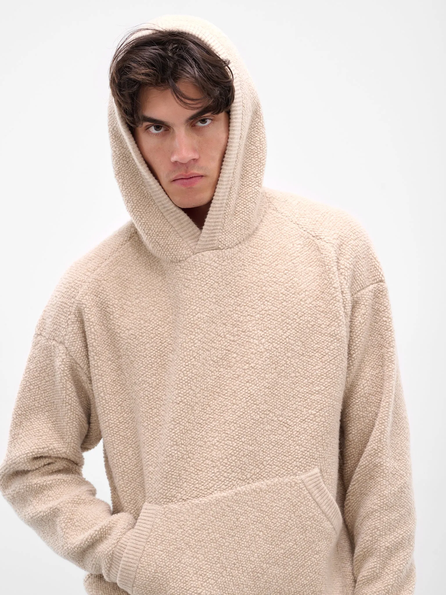 Beige Wool Boucle Fleece Hoodie (25A96MUK09-DUNE) sold by lorenzo product image thumbnail 4