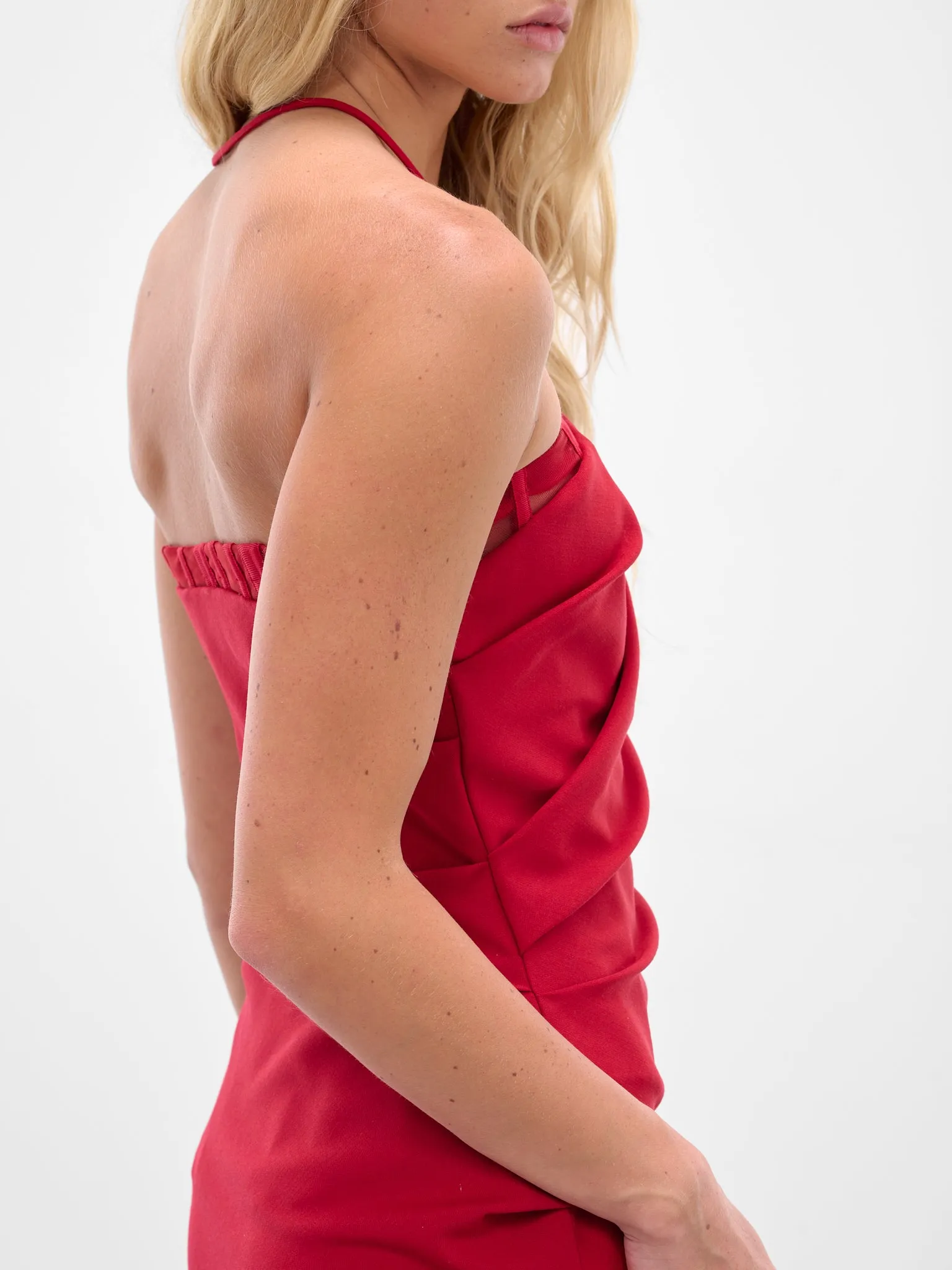 Red Wool Draped Mini Dress (SBHL108-RED) sold by lorenzo product image thumbnail 4