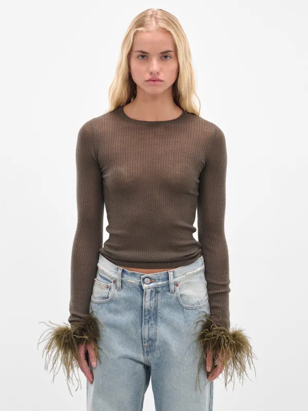 Feather Trim Long Sleeve Sweater (2M648A-N0523-BARK-GREEN) sold by lorenzo