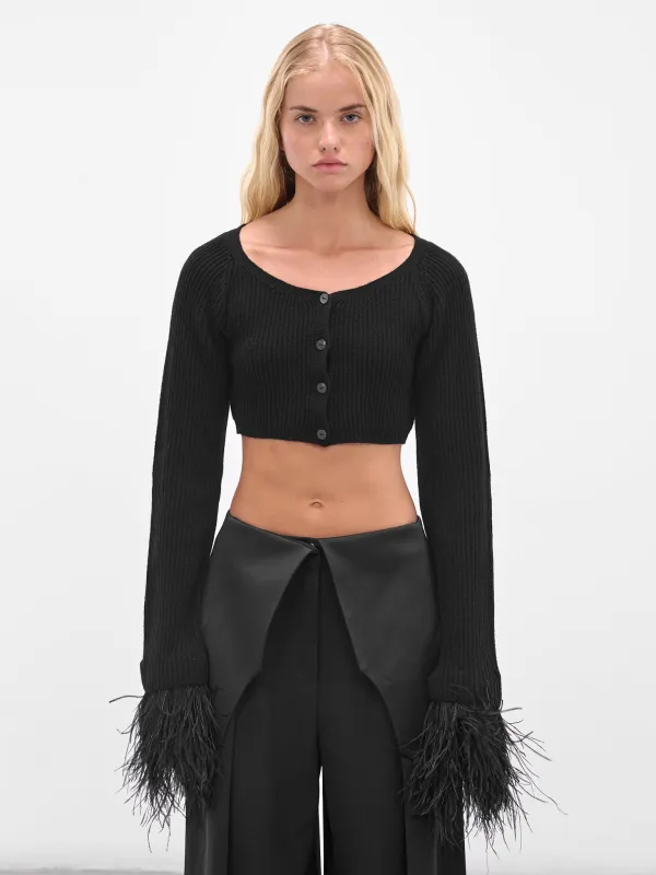 Black Cropped Feather Trim Cardigan (2M583A-N0990-BLACK) sold by lorenzo