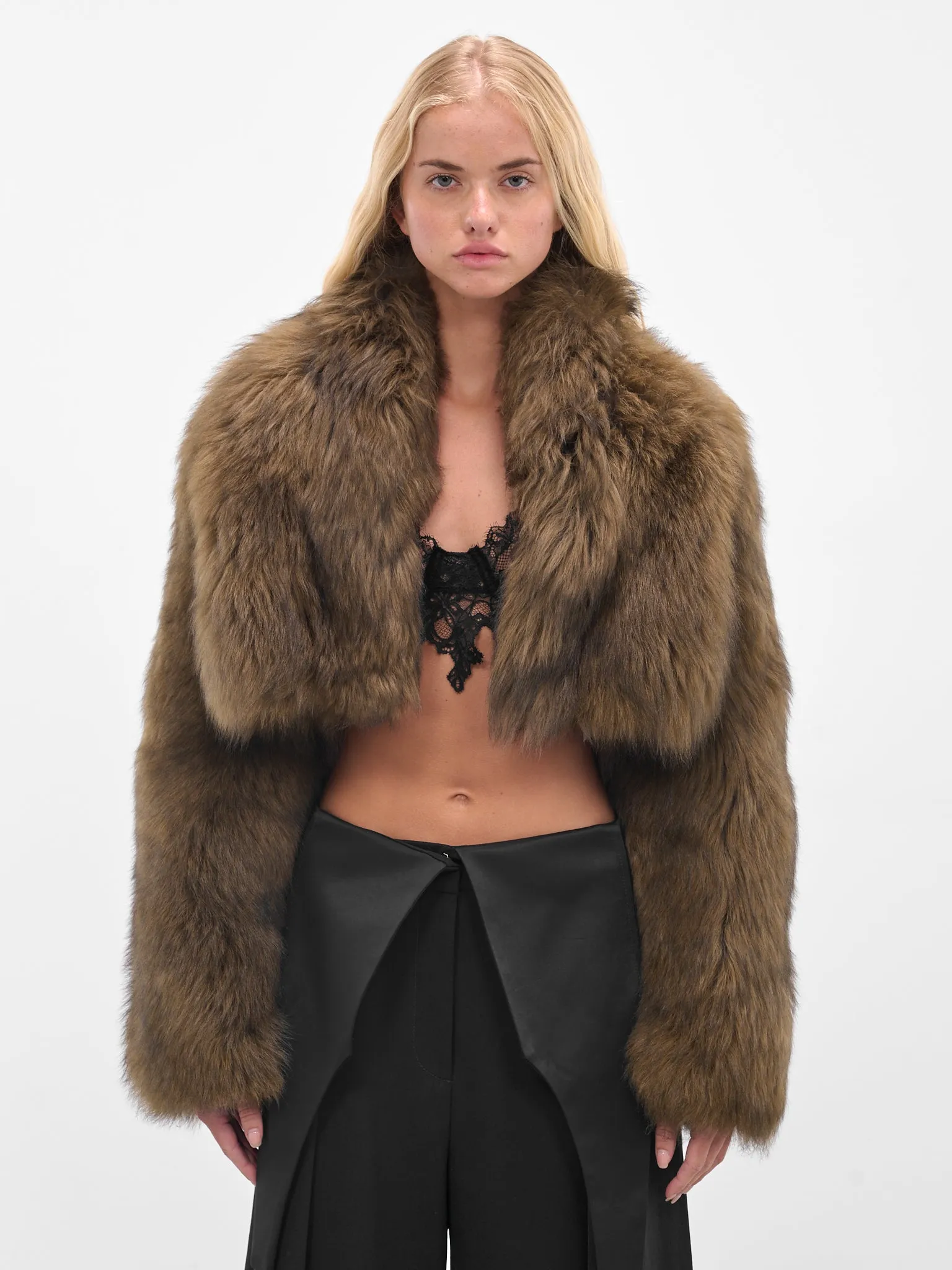 Brown Oversized Crop Fur Jacket (2L082A-P5569-CARAMEL-BLACK) sold by lorenzo