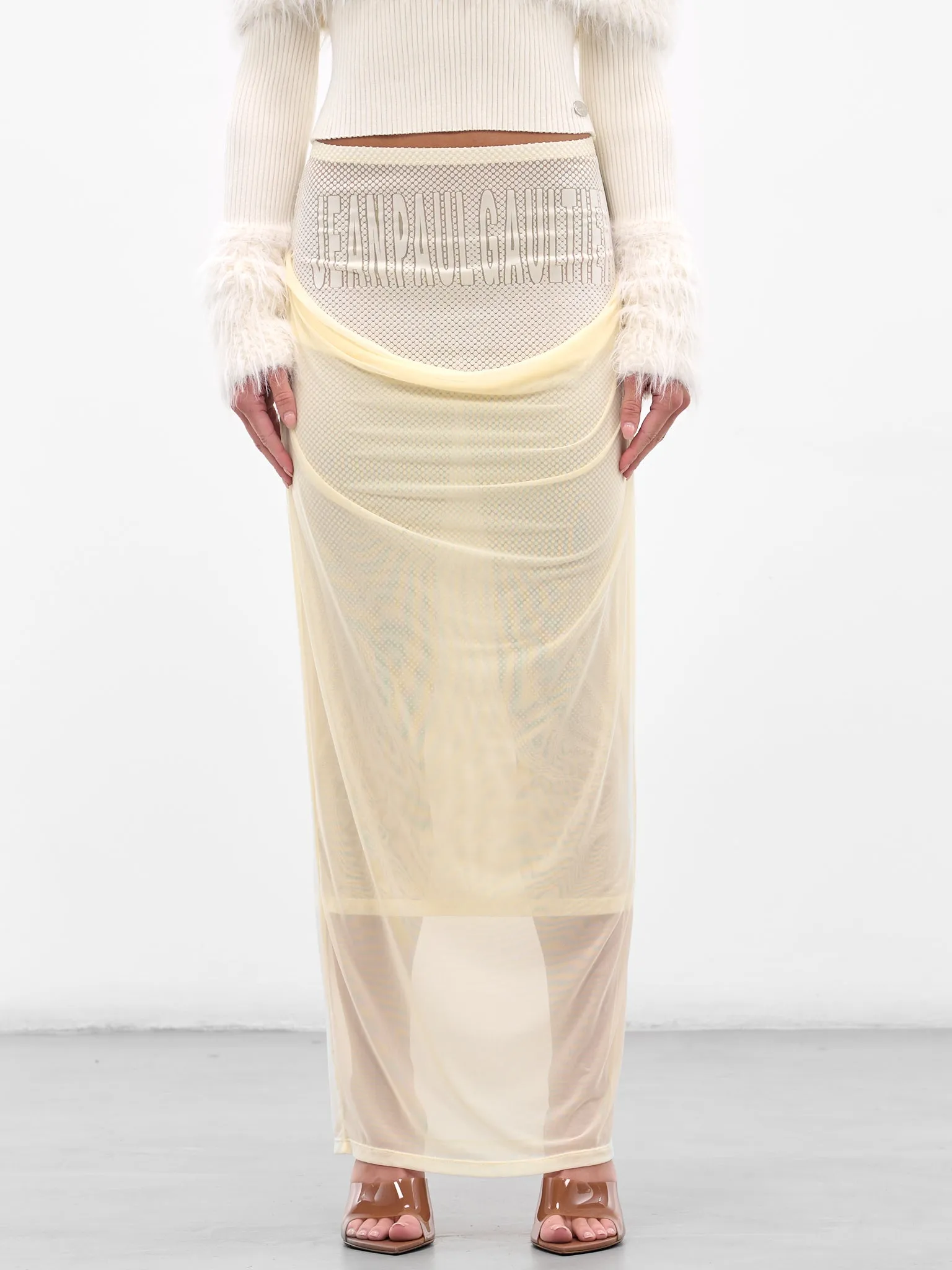 White Double Layer Flocked Skirt (25-03-W-SK004-M001-ECRU) sold by lorenzo