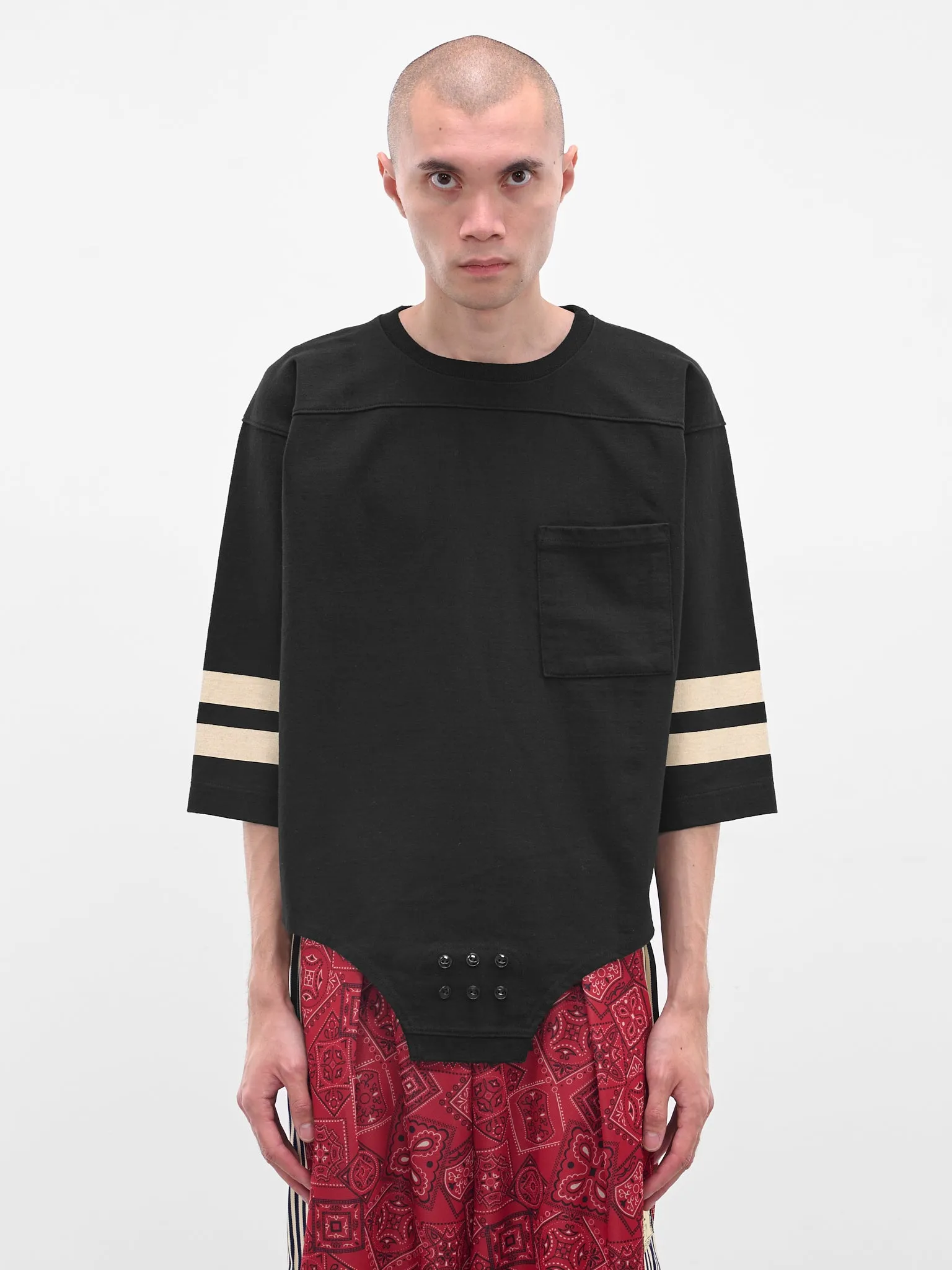 Black Striped Bodysuit Hem Tee (K2503LC054-BLK-BLACK) sold by lorenzo