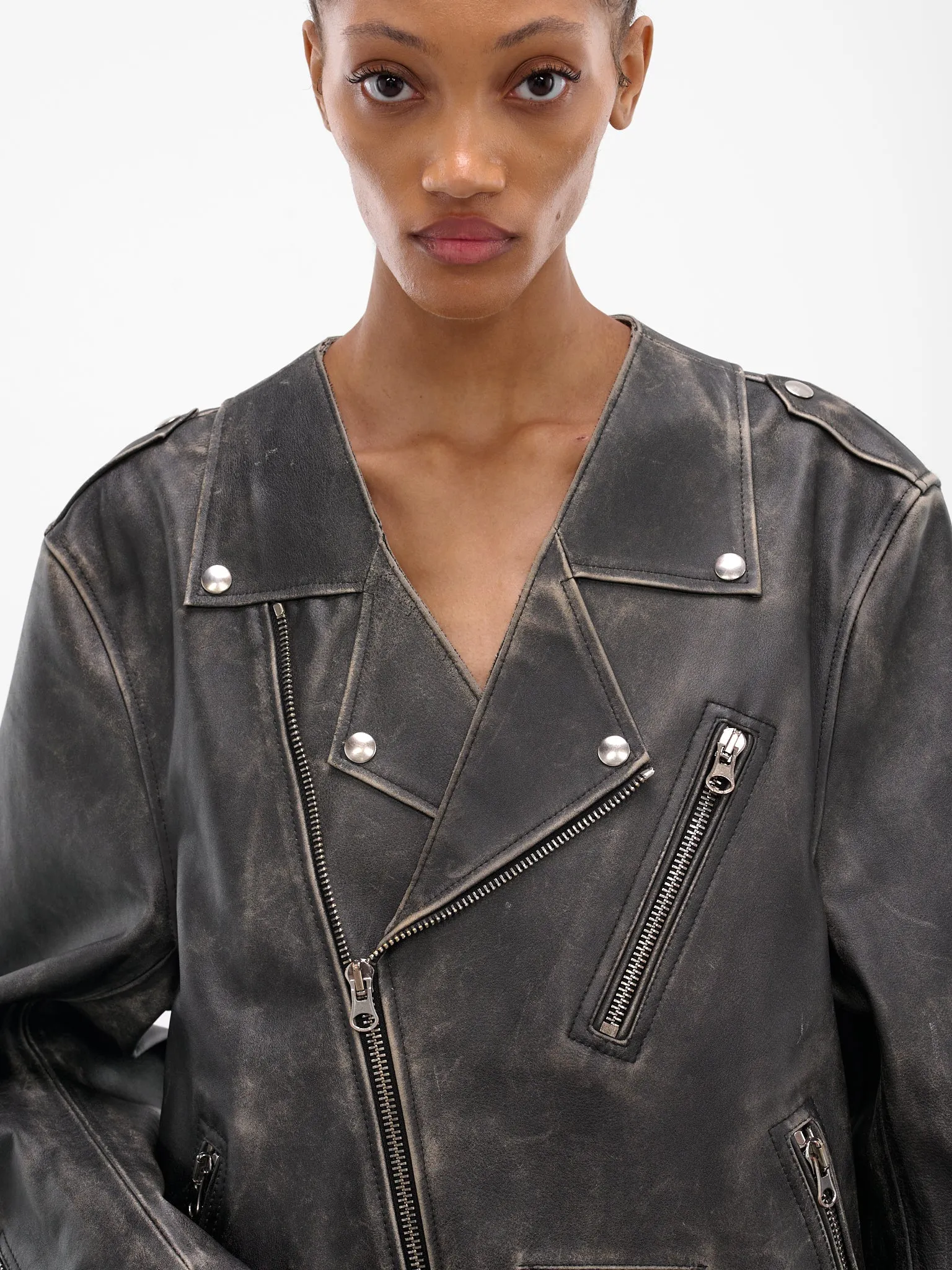 Black Worn Leather Biker Jacket (S52AM0305-M07001-143-BROWN) sold by lorenzo product image thumbnail 5