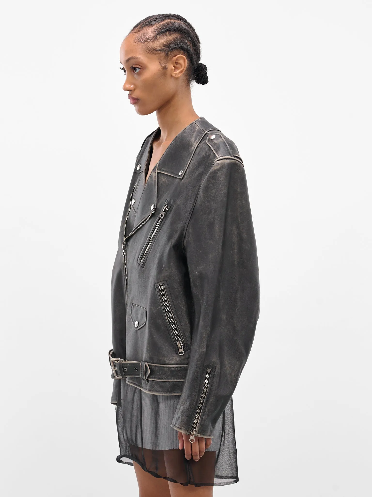 Black Worn Leather Biker Jacket (S52AM0305-M07001-143-BROWN) sold by lorenzo product image thumbnail 2