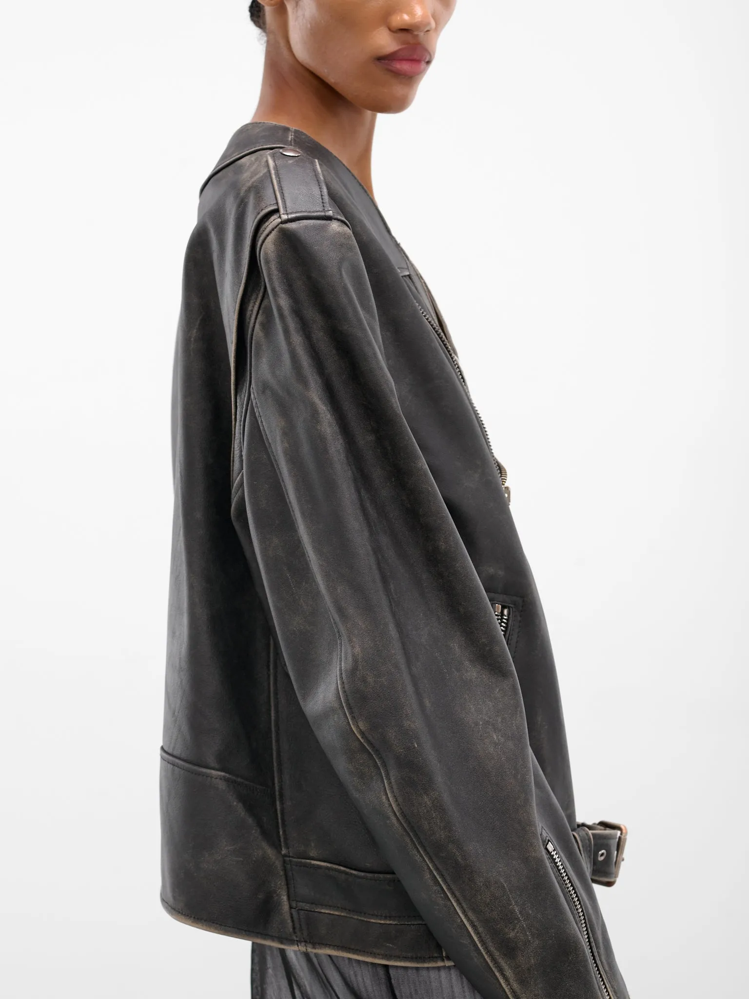 Black Worn Leather Biker Jacket (S52AM0305-M07001-143-BROWN) sold by lorenzo product image thumbnail 4