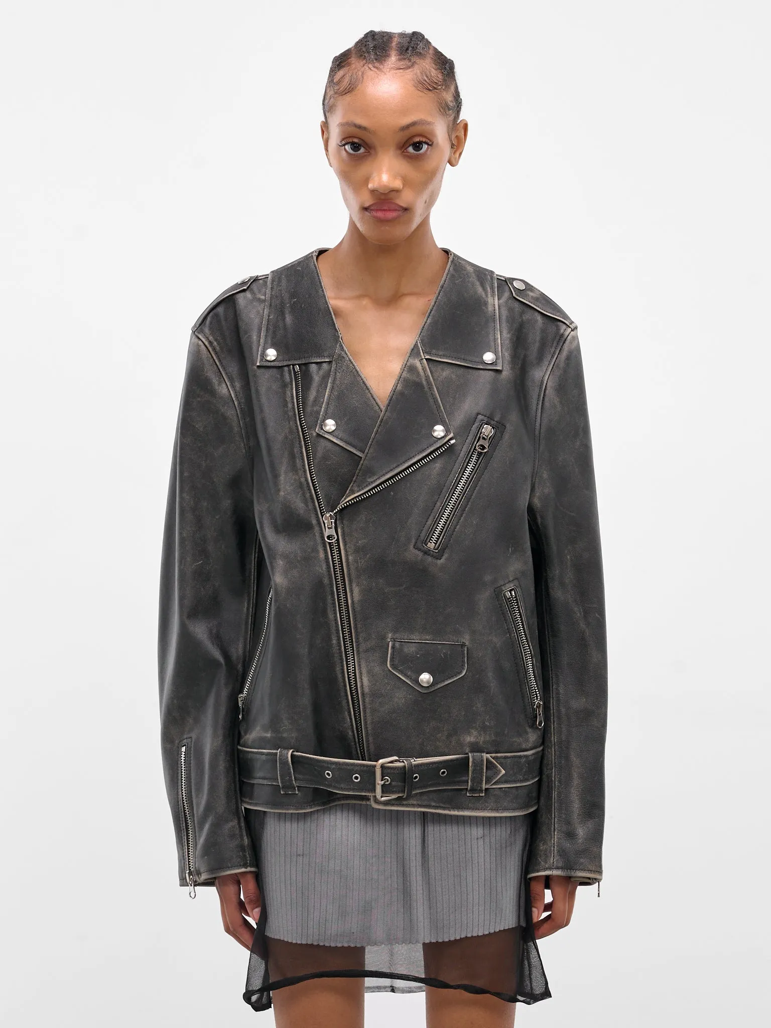 Black Worn Leather Biker Jacket (S52AM0305-M07001-143-BROWN) sold by lorenzo