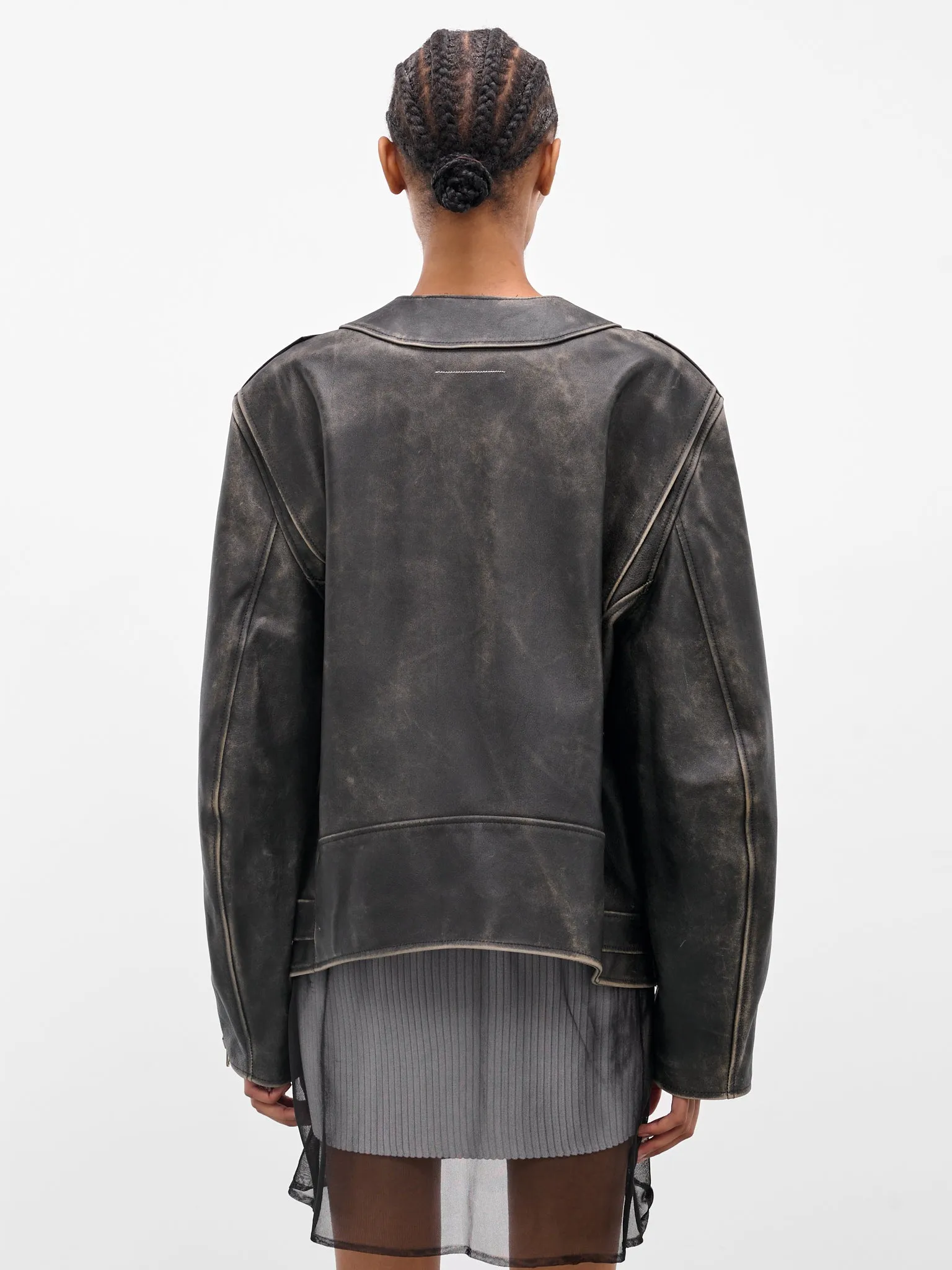 Black Worn Leather Biker Jacket (S52AM0305-M07001-143-BROWN) sold by lorenzo product image thumbnail 3