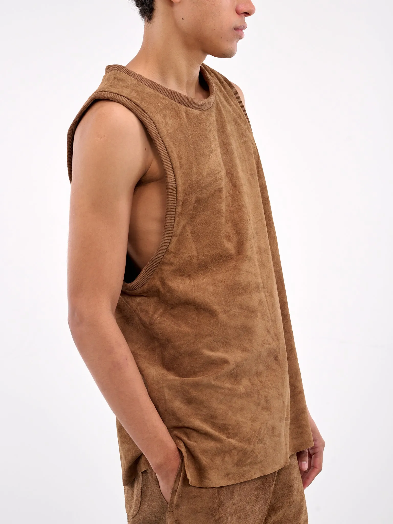 Brown Suede Tank Top (ART2513-CAMEL-SUEDE) sold by lorenzo product image thumbnail 4