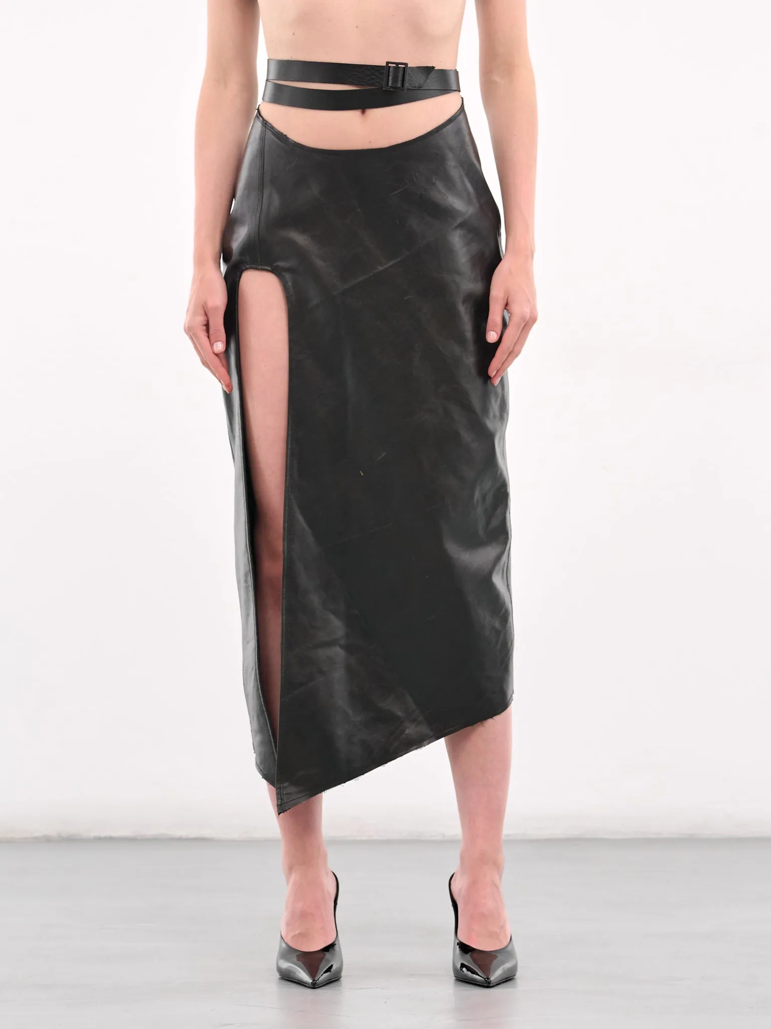 Vent Leather Midi Skirt (YR005SK06-BLACK) sold by lorenzo