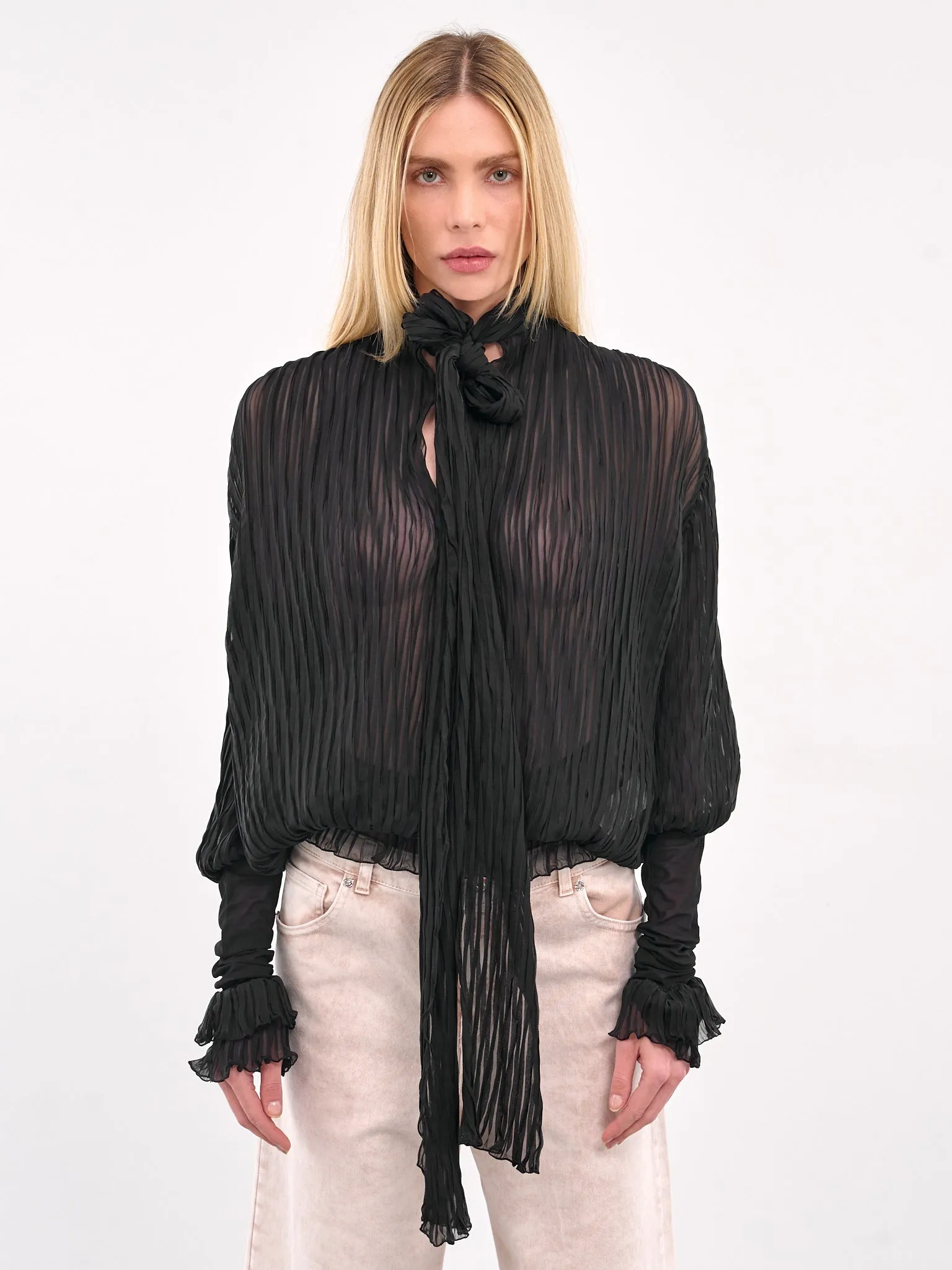 Pleated Ruffle Blouse (4C135A-N0990-BLACK) sold by lorenzo