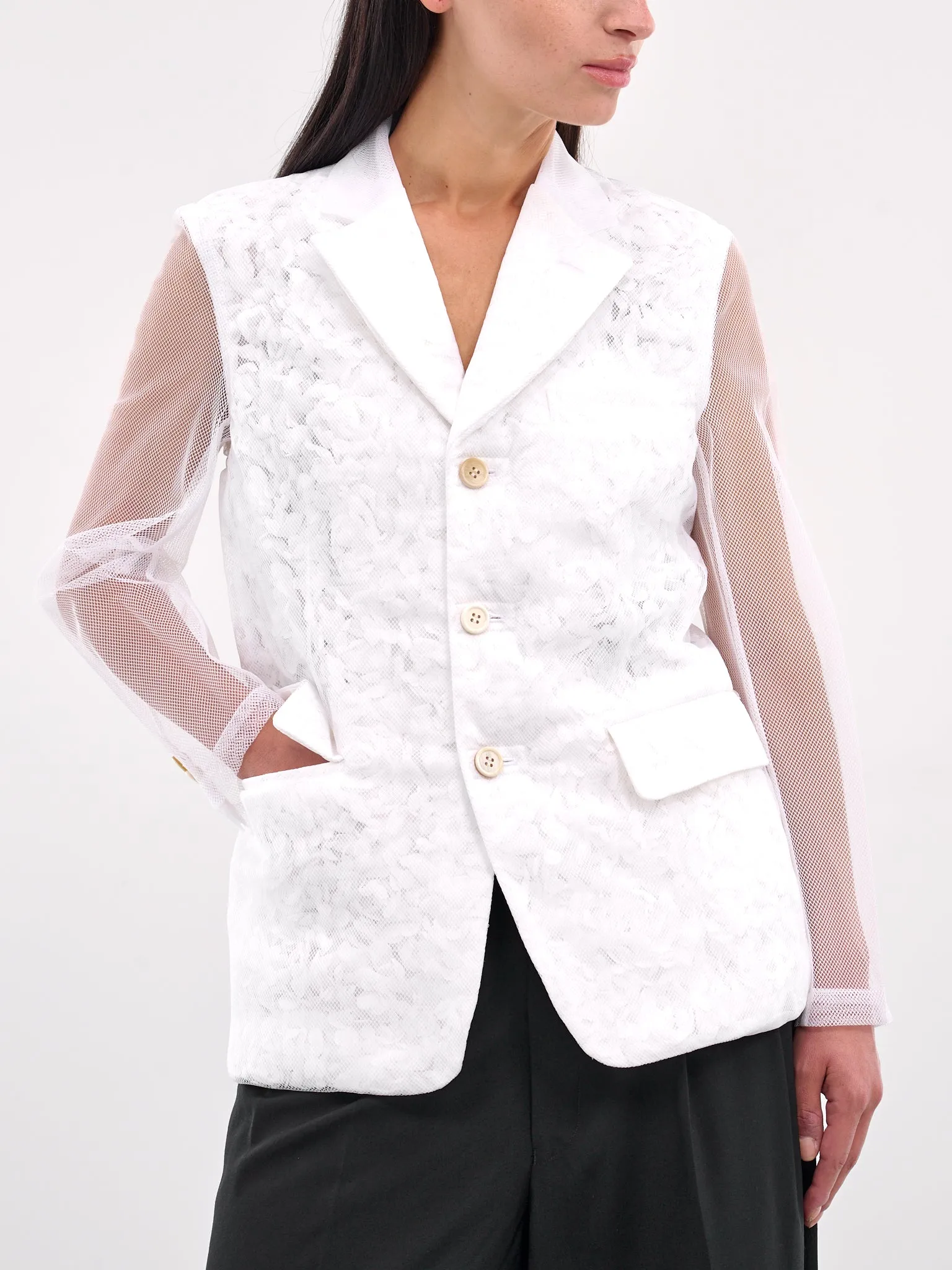 Mesh Layered Floral Blazer (GO-J005-WHITE) sold by lorenzo product image thumbnail 4