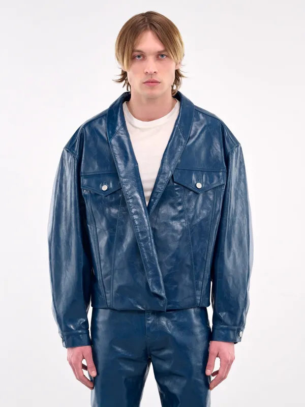 Leather Shawl Collar Trucker Jacket (MP24LLBA-JC3020-TRUE-BLUE) sold by lorenzo