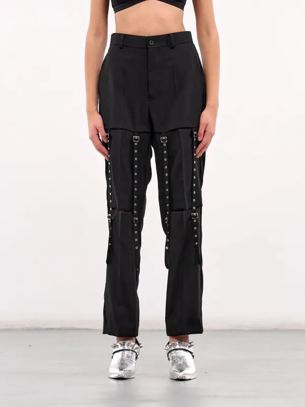 Buckle & Eyelet Strap Trousers (3O-P004-S25-BLACK) sold by lorenzo