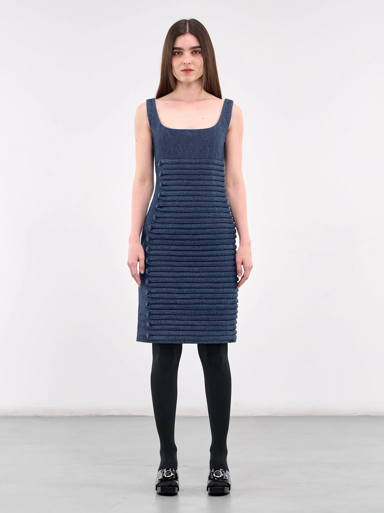 Denim Scoop Neck Fitted Dress (1018675-1A13346-MEDIUM-BLUE) sold by lorenzo