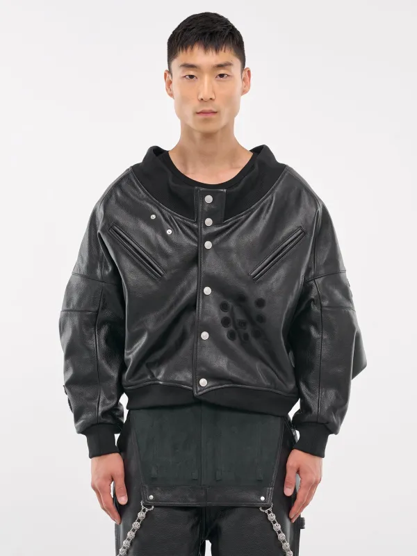 Embroidered Leather Bomber Jacket (MF24LBSB-JC3002-BLACK) sold by lorenzo