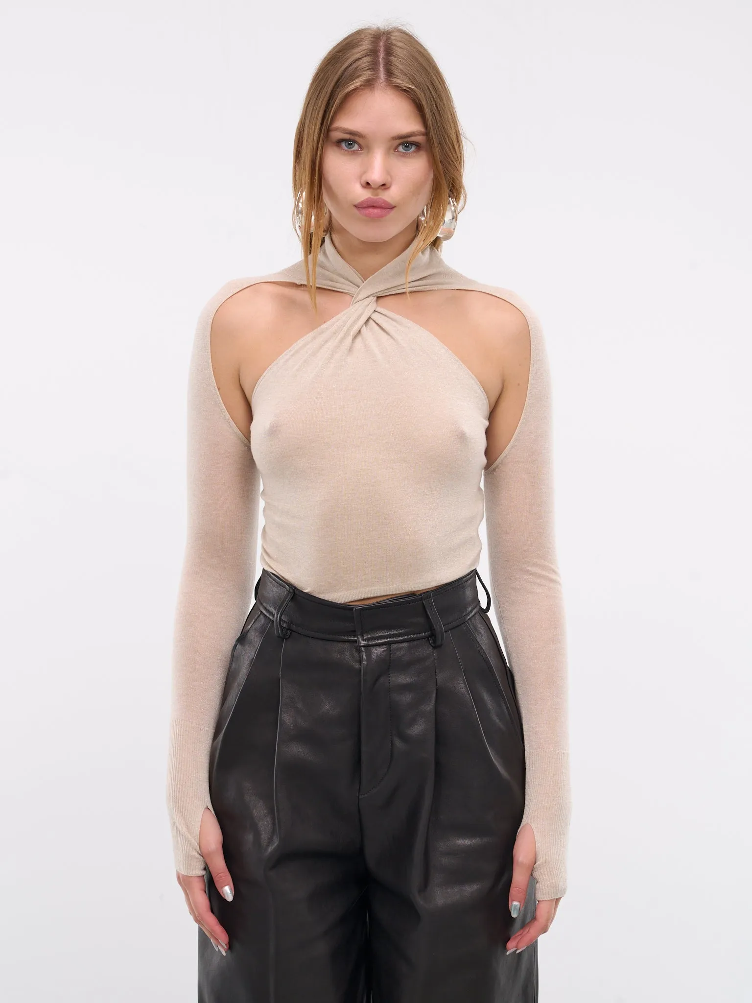 Glossy Cut-Out Twist Knot Sweater (KT10W1WI180-BONE-WHITE) sold by lorenzo
