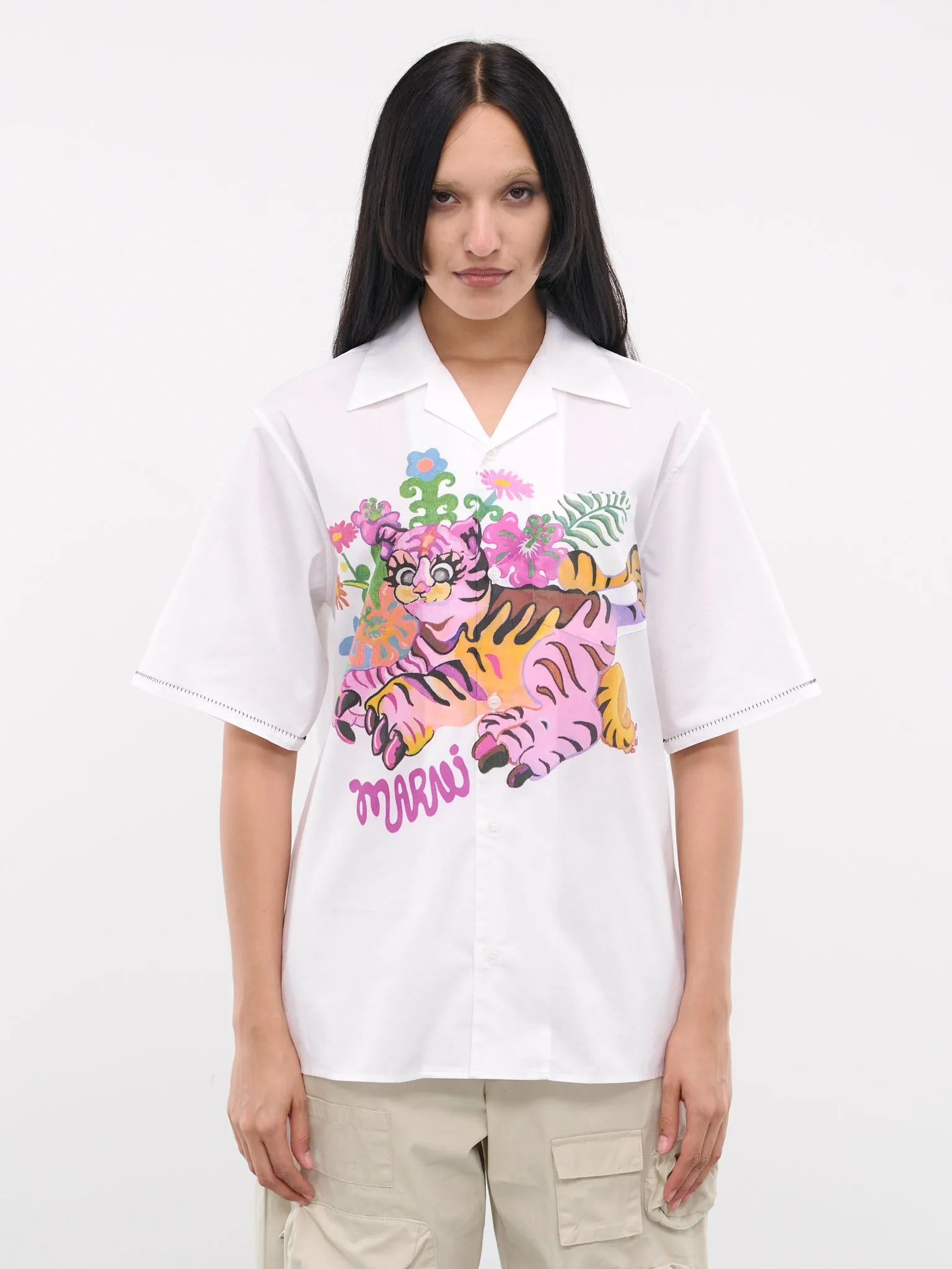 White Graphic Button-Up Shirt (CAMA0587SP-USCW80-WHITE-PRINTE) sold by lorenzo