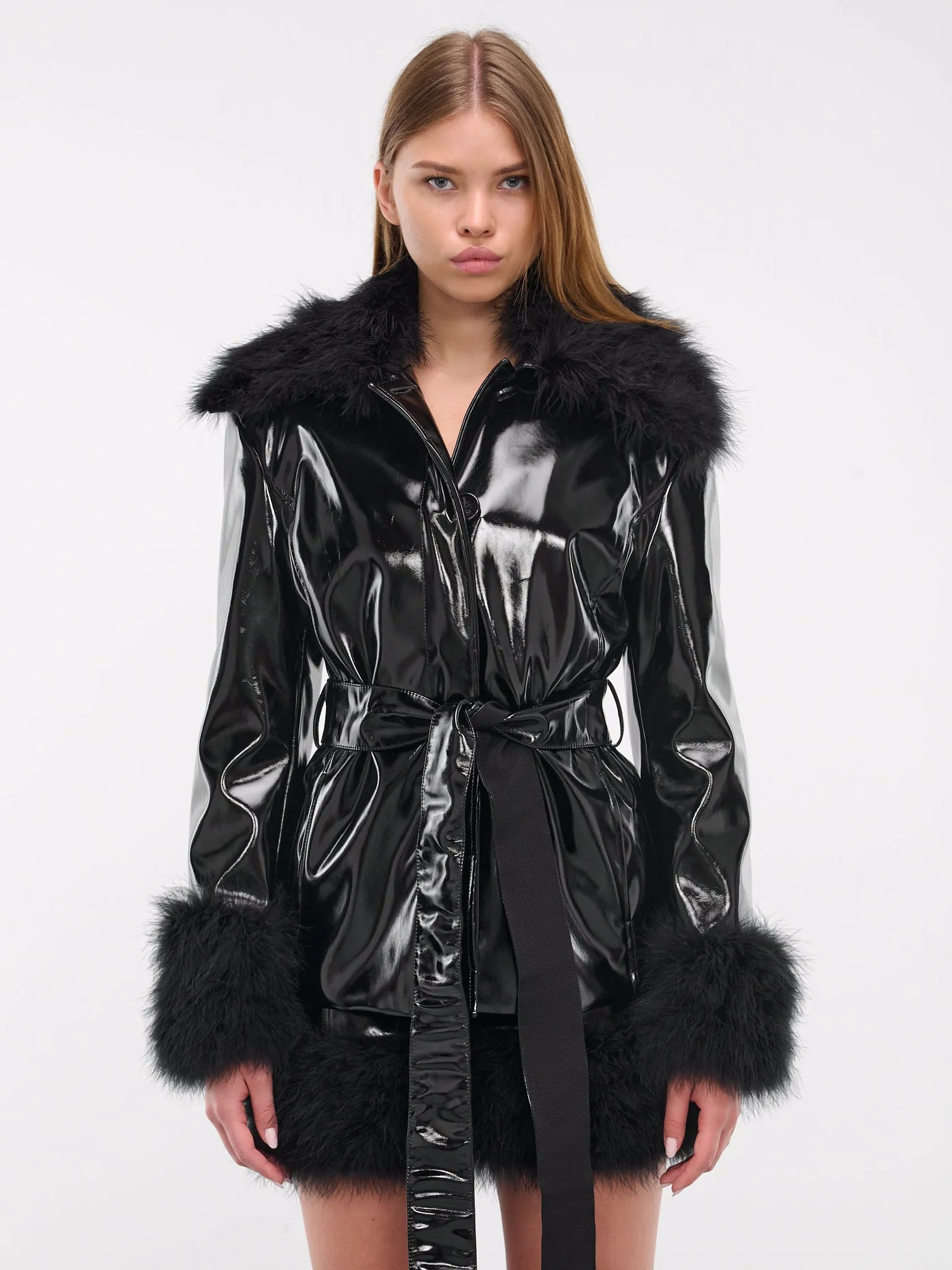Patent Faux Leather Coat (A42-2S078A-BLACK) sold by lorenzo
