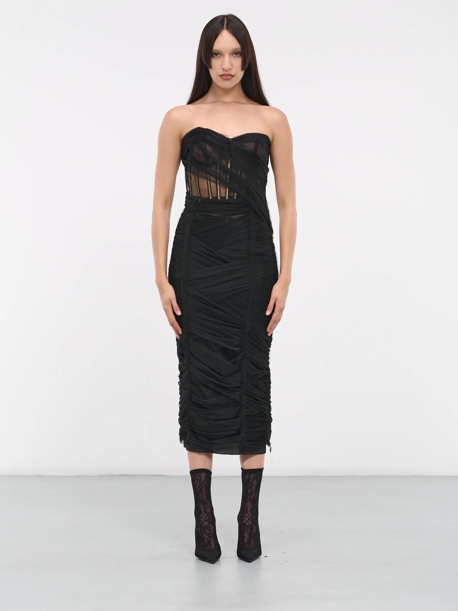 Tulle Corset Midi Dress (F6DJYT-HLUAC-N0000-BLACK) sold by lorenzo