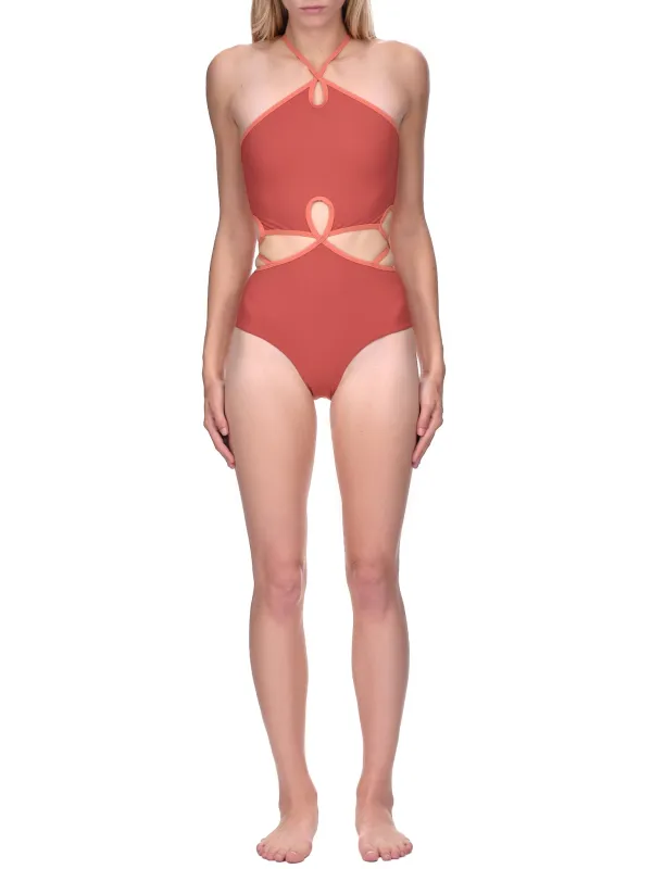 Looped Halter Swimsuit (PF22SWIM03-TERRACOTTA-MULTI) sold by lorenzo