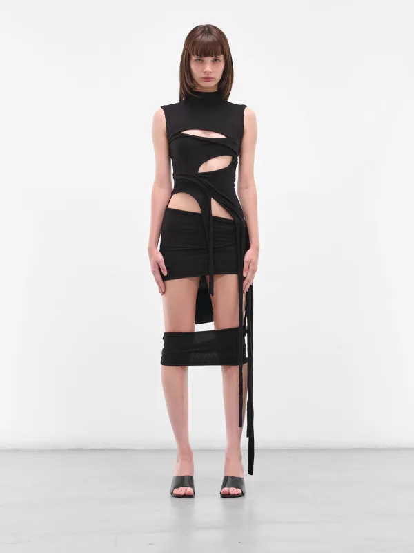 Black Deconstructed Cut-Out Midi Dress (10750260701-BLACK-PRINT) sold by lorenzo