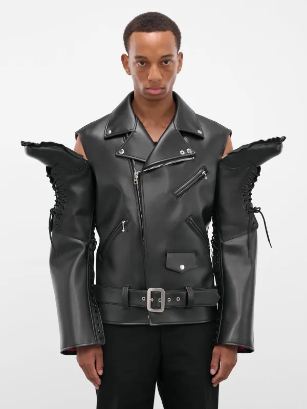 Black Deconstructed Boots Biker Jacket (JP-J102-051-1-BLACK) sold by lorenzo