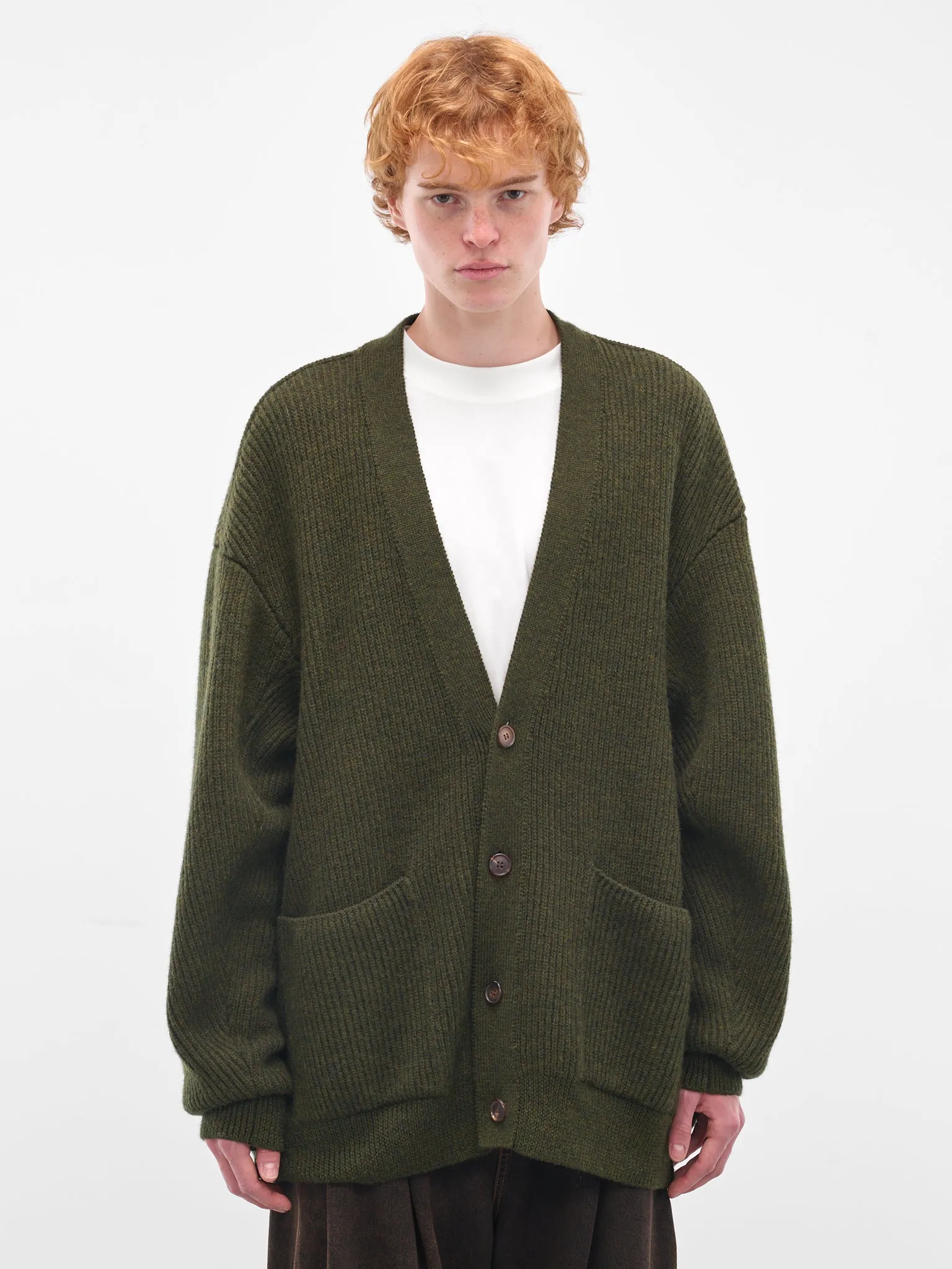 Green Wool Rib-Knit Cardigan (HMMB75089A-HB619-MEDIUM-GREEN) sold by lorenzo