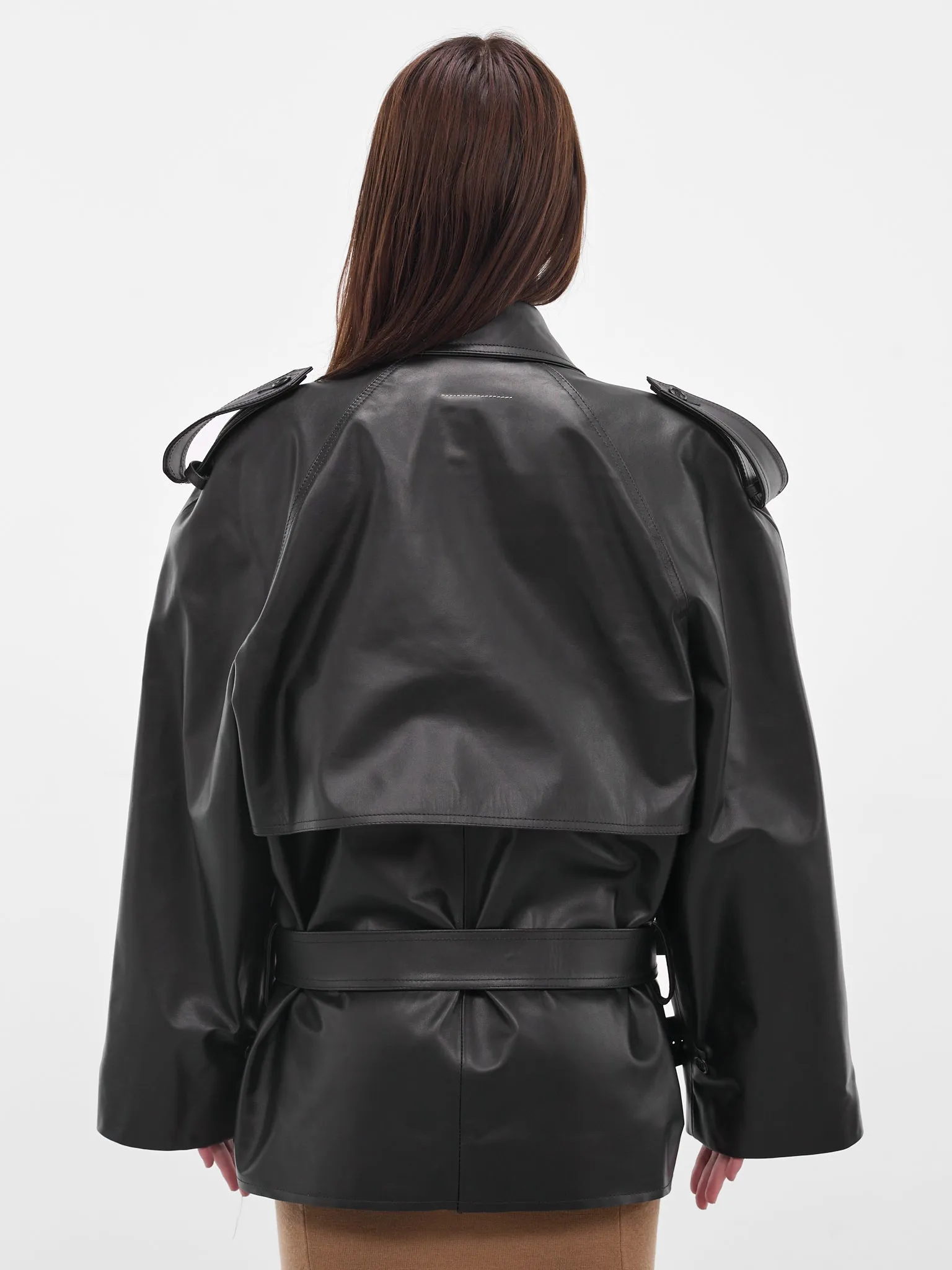 Black Leather Cropped Trench Jacket (S62AN0164-M07005-900-BLACK) sold by lorenzo product image thumbnail 3