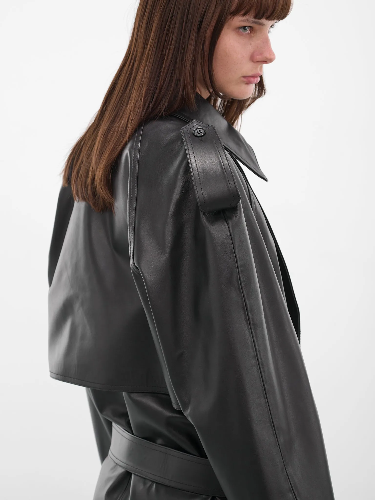 Black Leather Cropped Trench Jacket (S62AN0164-M07005-900-BLACK) sold by lorenzo product image thumbnail 5