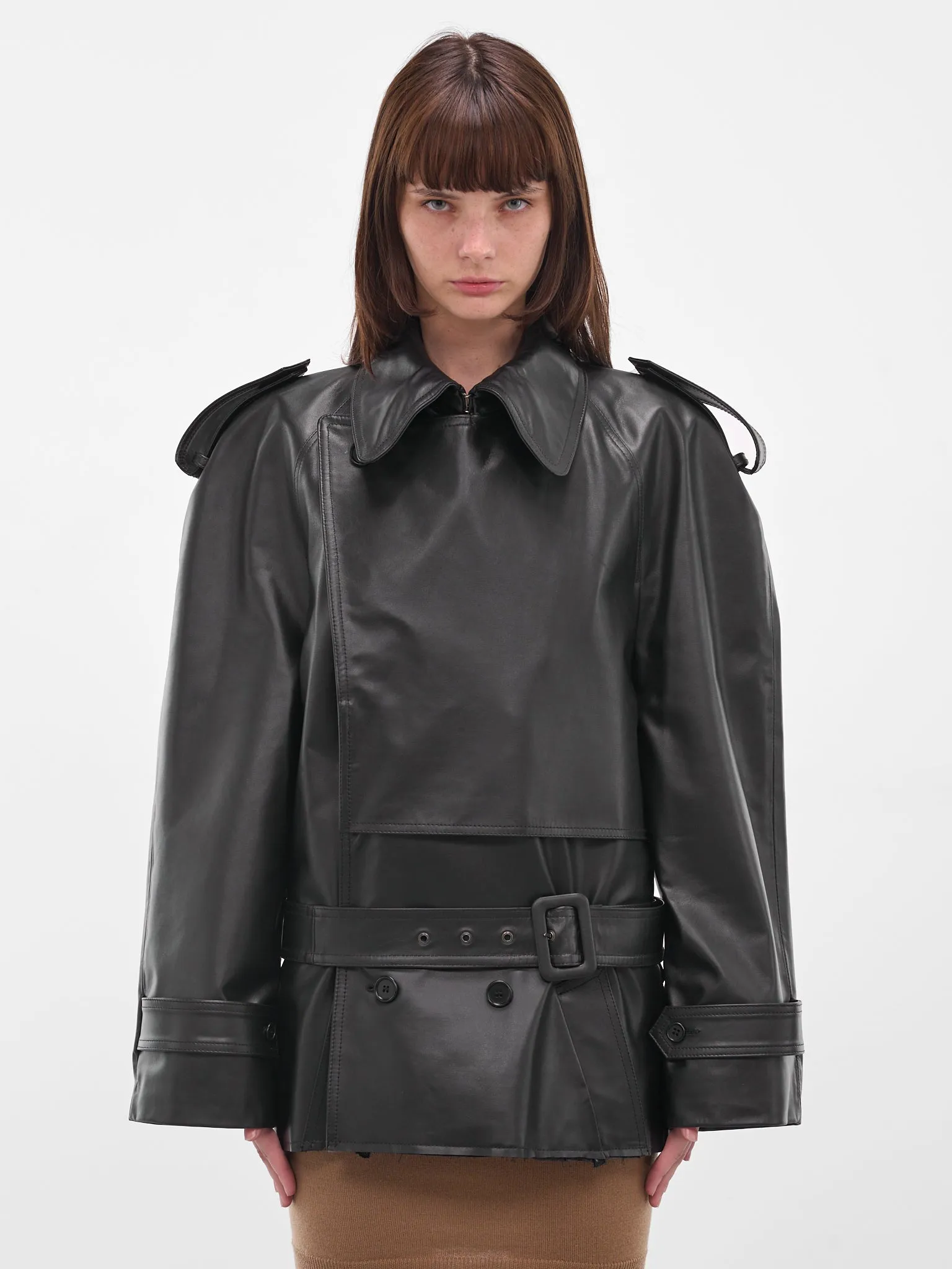 Black Leather Cropped Trench Jacket (S62AN0164-M07005-900-BLACK) sold by lorenzo