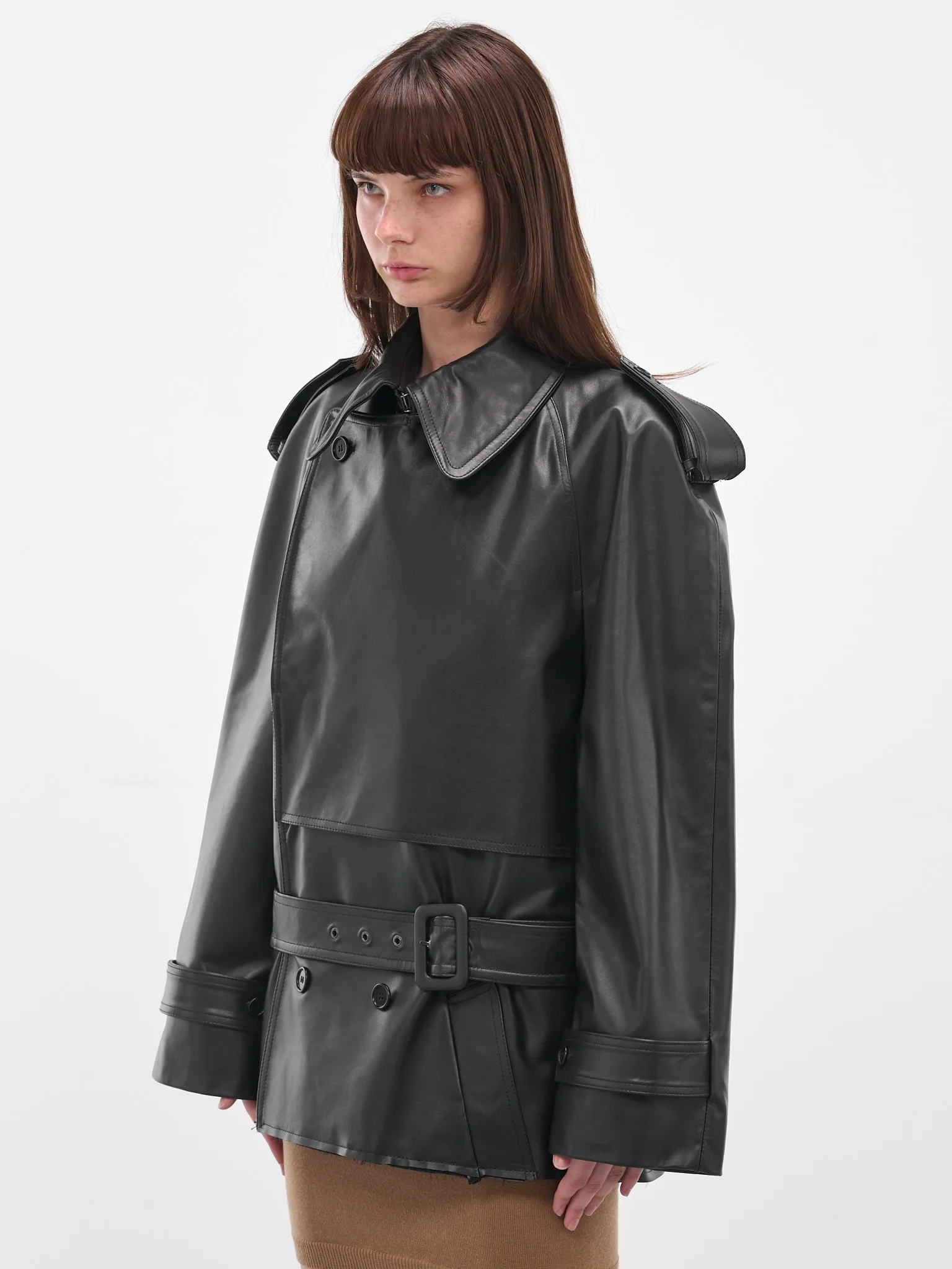 Black Leather Cropped Trench Jacket (S62AN0164-M07005-900-BLACK) sold by lorenzo product image thumbnail 2