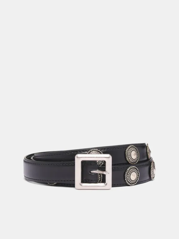 Black Leather Reka Studded Belt (B0013387-LT128-099-BLACK) sold by lorenzo