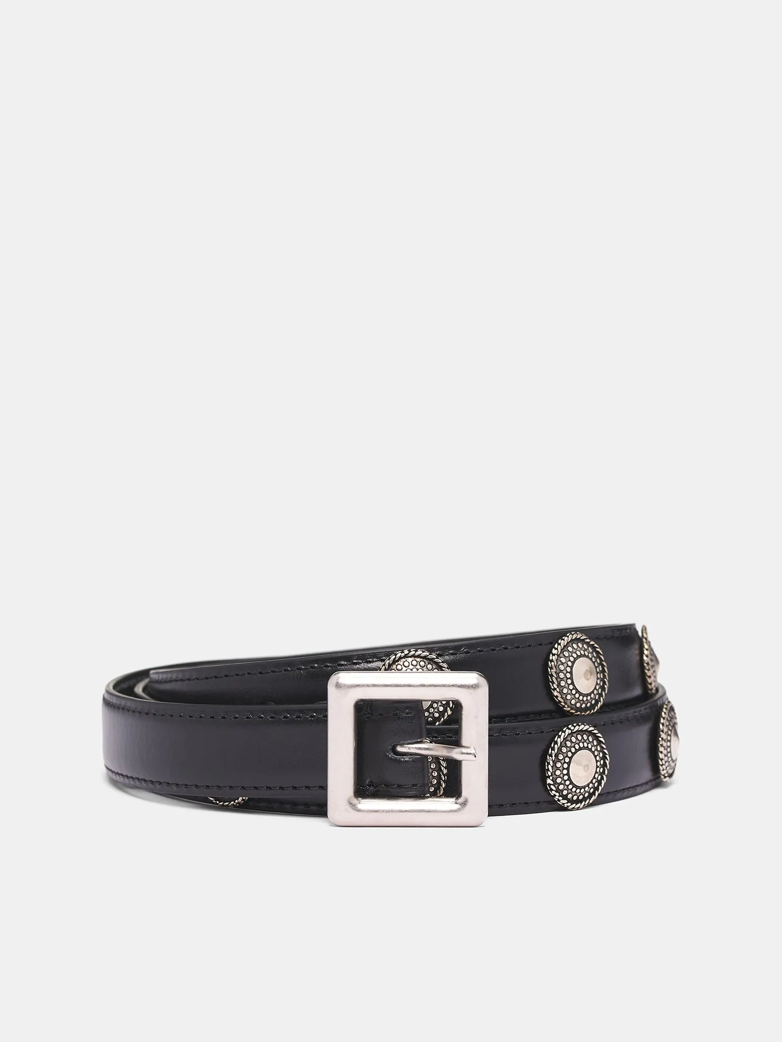 Black Leather Reka Studded Belt (B0013387-LT128-099-BLACK) sold by lorenzo
