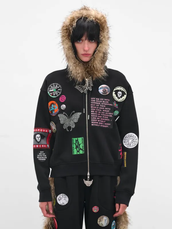 Black Fur Trim Patch Hoodie (5264-FUZ-BLACK-MULTI) sold by lorenzo