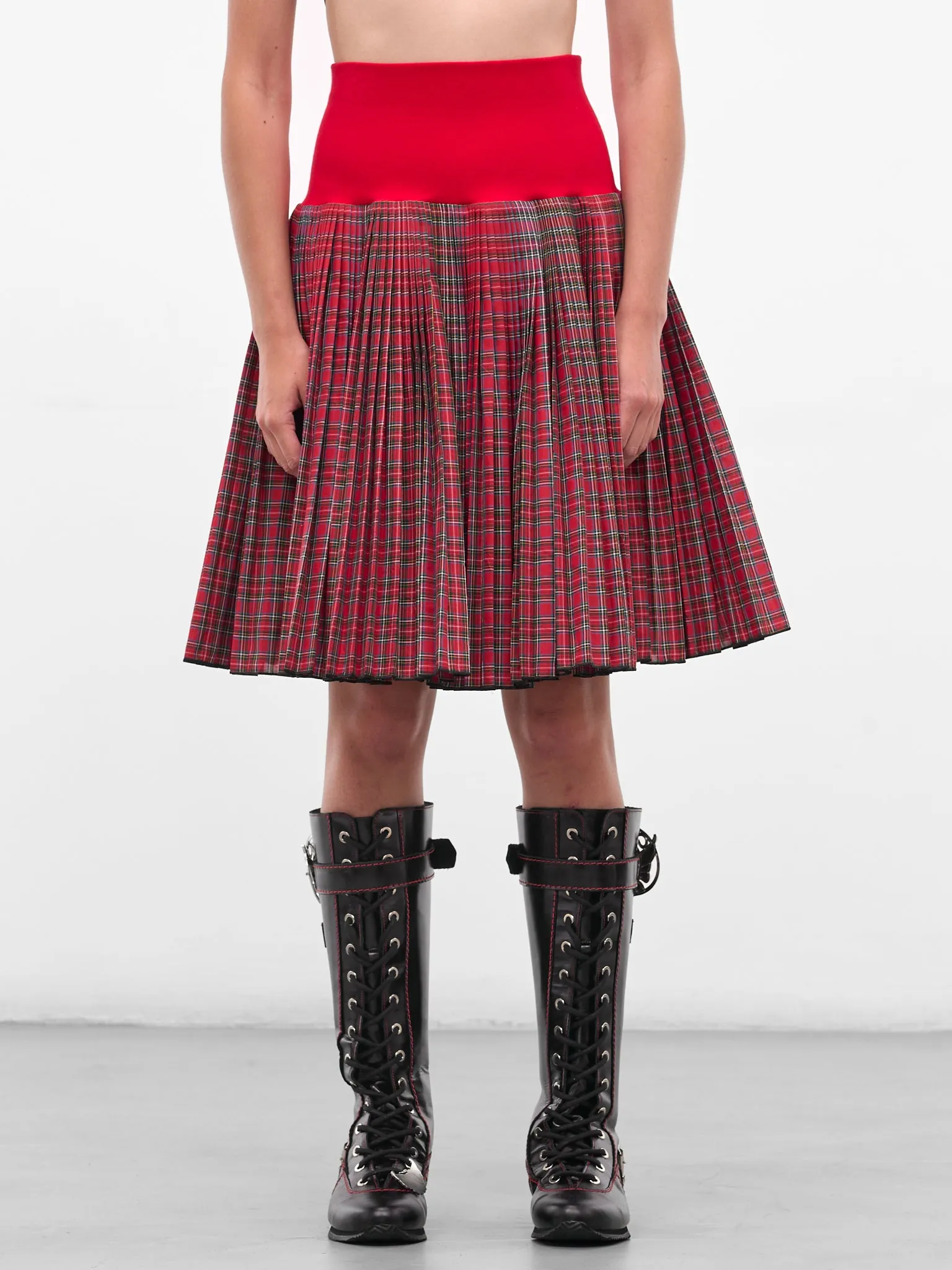 Red Fret Tartan Midi Skirt (3275-FRET-RED) sold by lorenzo