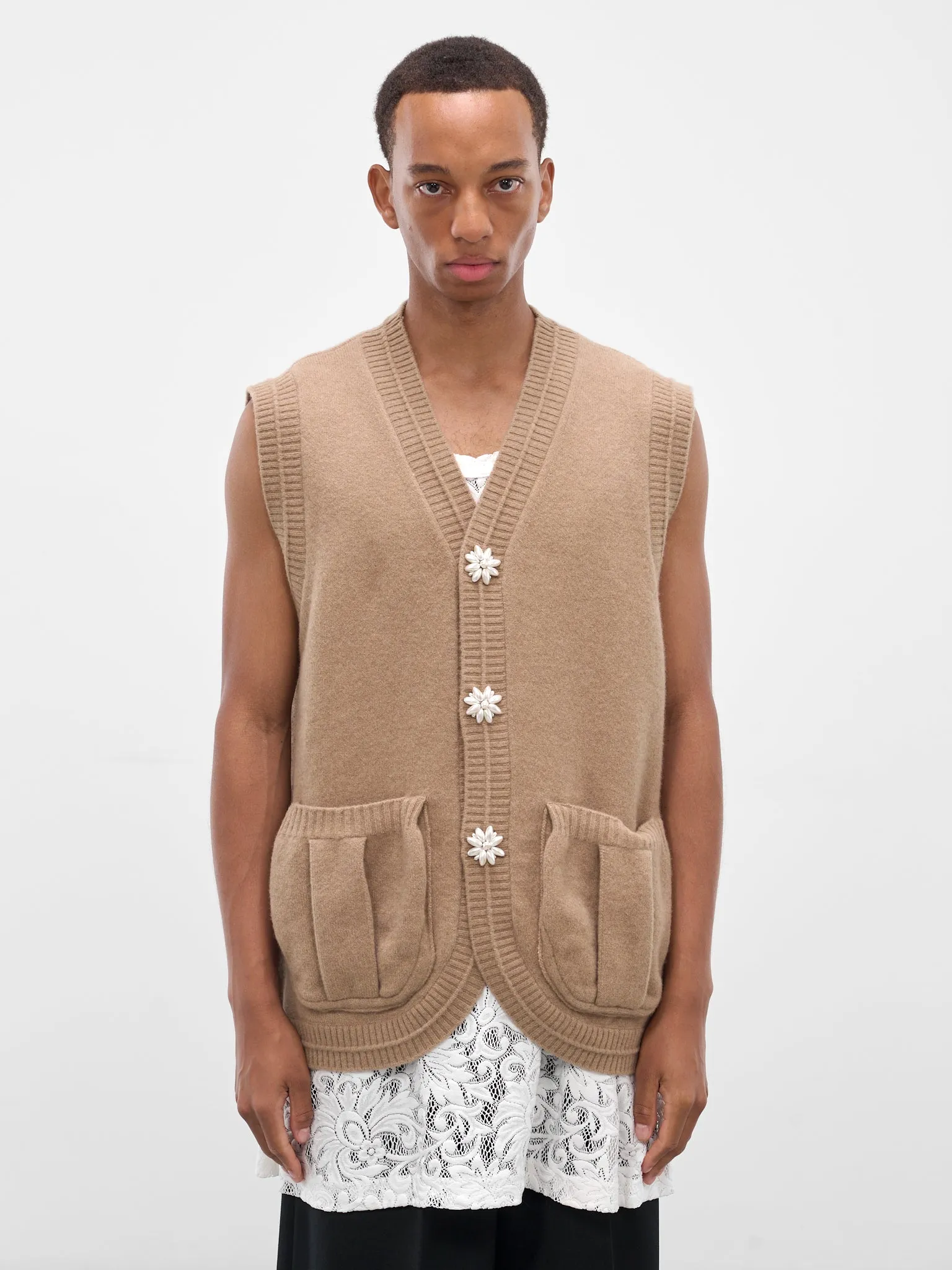 Beige Wool Knit Cardigan Vest (LMK9B-0660-CAMEL-PEARL) sold by lorenzo