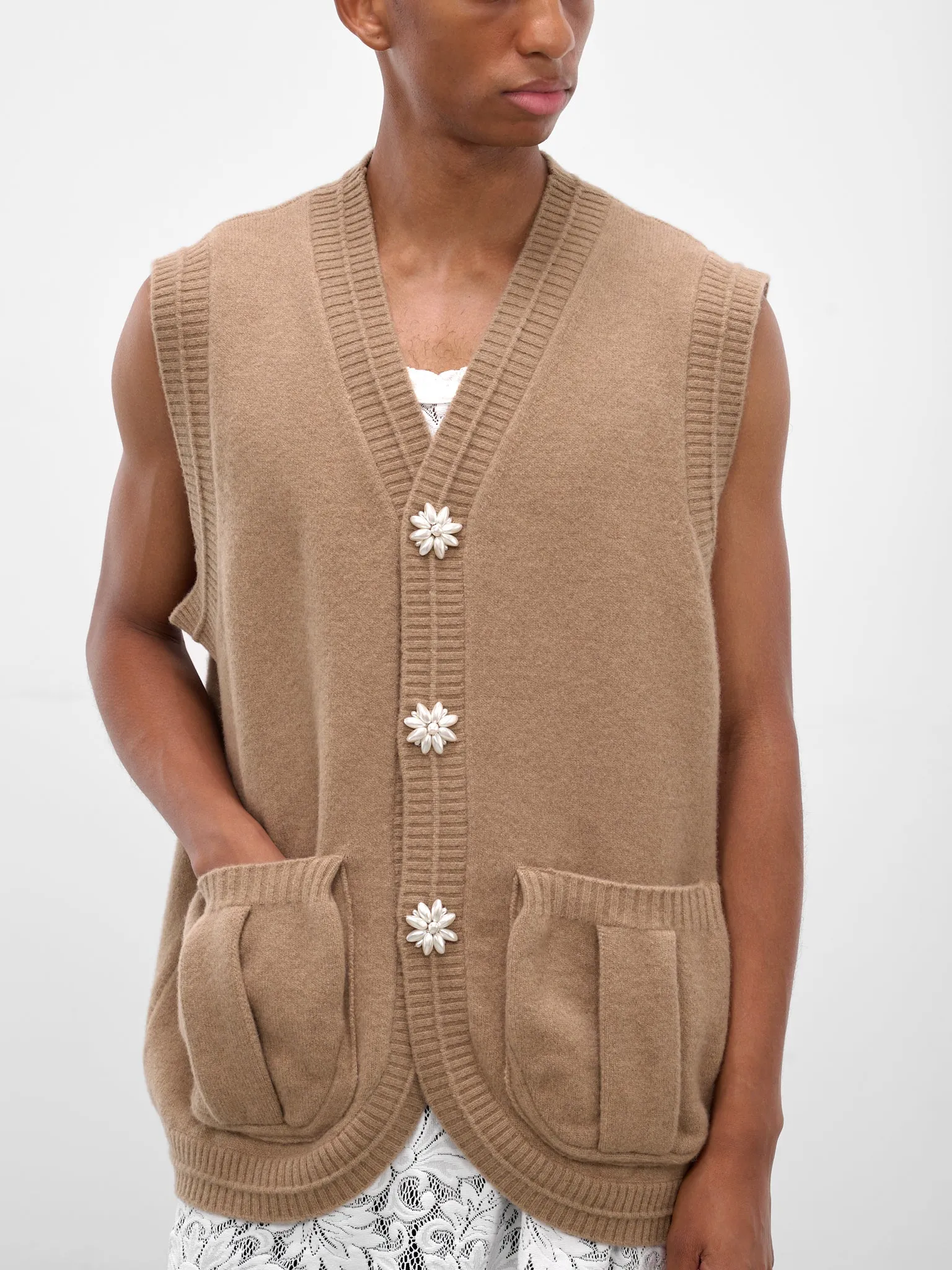 Beige Wool Knit Cardigan Vest (LMK9B-0660-CAMEL-PEARL) sold by lorenzo product image thumbnail 5